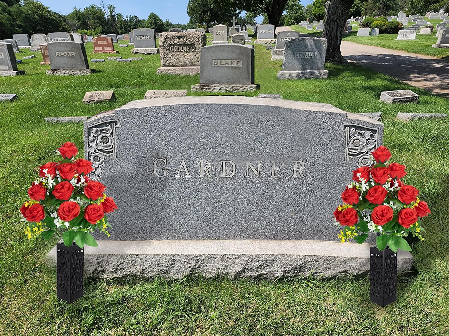2 Sets Artificial Cemetery Flowers,Memorial Flowers,Beautiful Arrangements for Headstones,Black Plastic vase with Drainage Hole Long Spikes Outdoor Memorials (red) - Image 3
