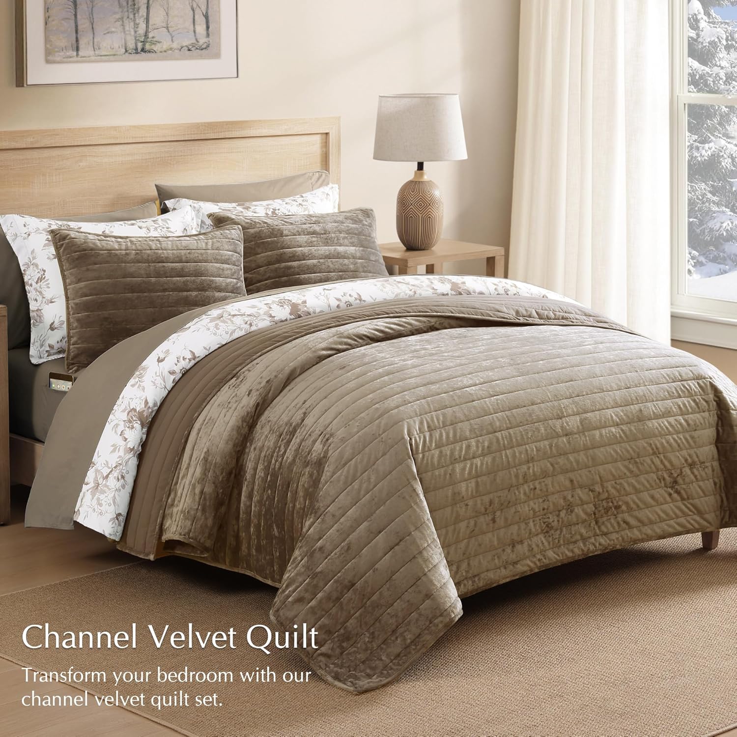 WRENSONGE Velvet Queen Quilt Set-3 Pieces Taupe Oatmeal Luxurious Velvet Striped Channel Comforter with 2 Shams, Soft Bedspread Coverlet Quilted Bedding Set for All Season - Image 2