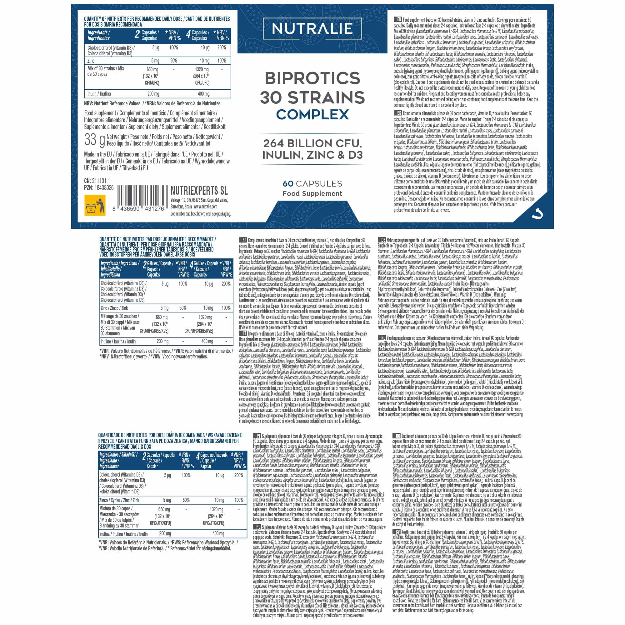 Probioticos y Prebioticos Intestinales 30 Cepas - 264 Mil Millones de UFC por Dosis - Biprotics 30 Cepas Complex 60 Cápsulas Nutralie