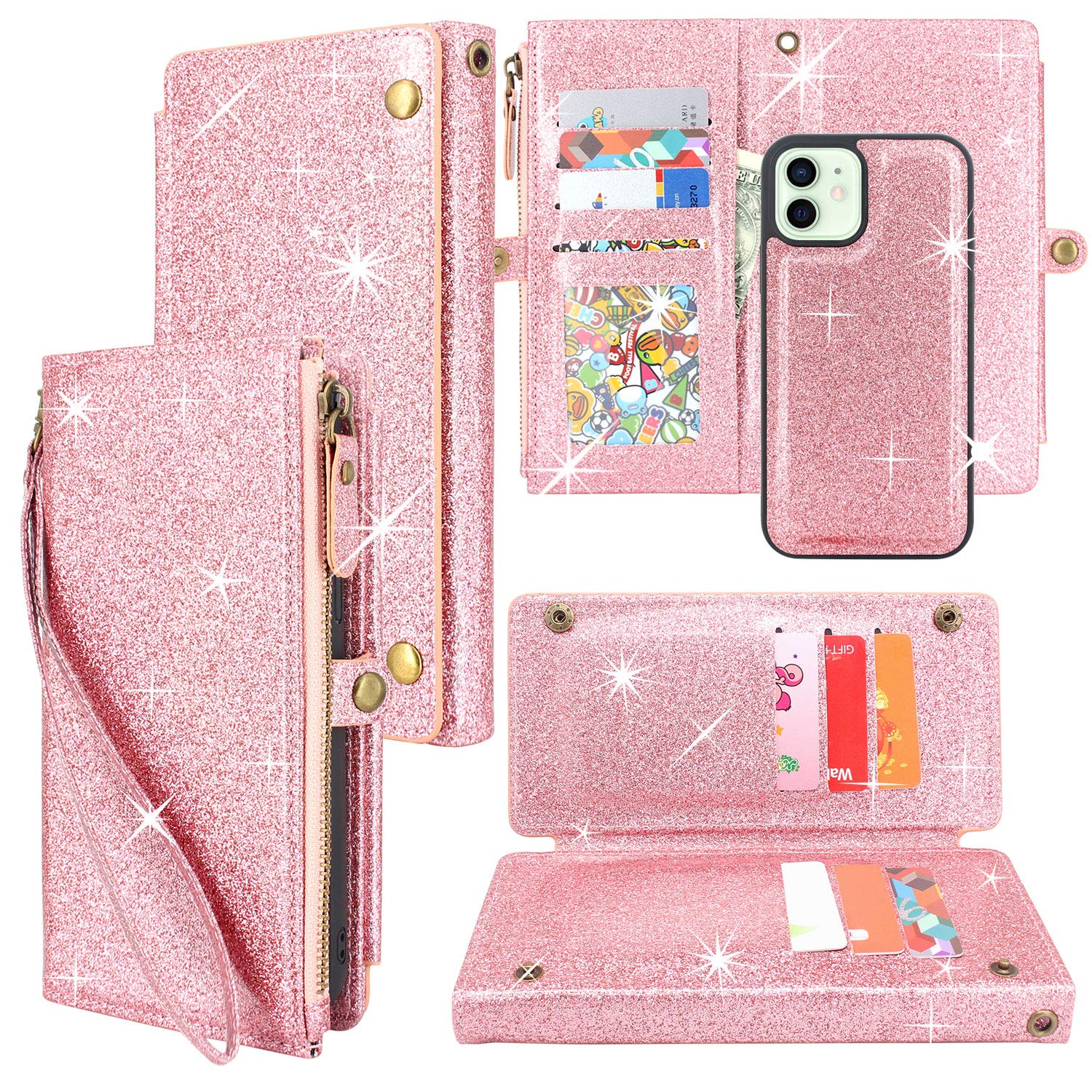 Lacass Compatible with iPhone 12/12 Pro Case Zipper Detachable Magnetic Leather Wallet Case Cover Kickstand with 10 Card Slots Holder and Wrist Strap Cash Carrying Pouch(Bling Rose Gold)