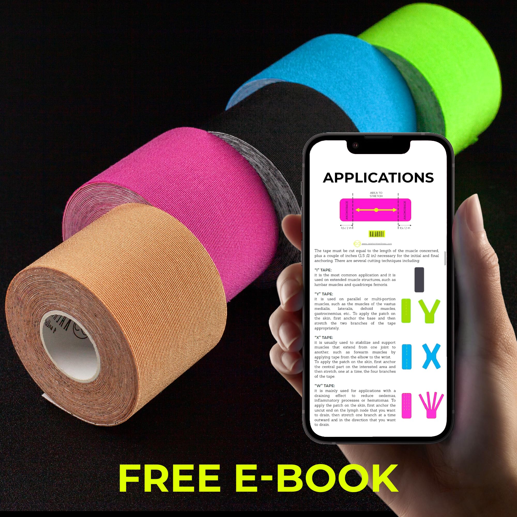 KALAHARI Profesjonalna Taśma Kinezjologiczna plus E-Book z metodami Aplikacji - Syntetyczna Kinesiology Tape zapewniająca lepszą Przyczepność i Wodoodporność oraz Odporność na Pot - 5cm x 5m NIEBIESKI