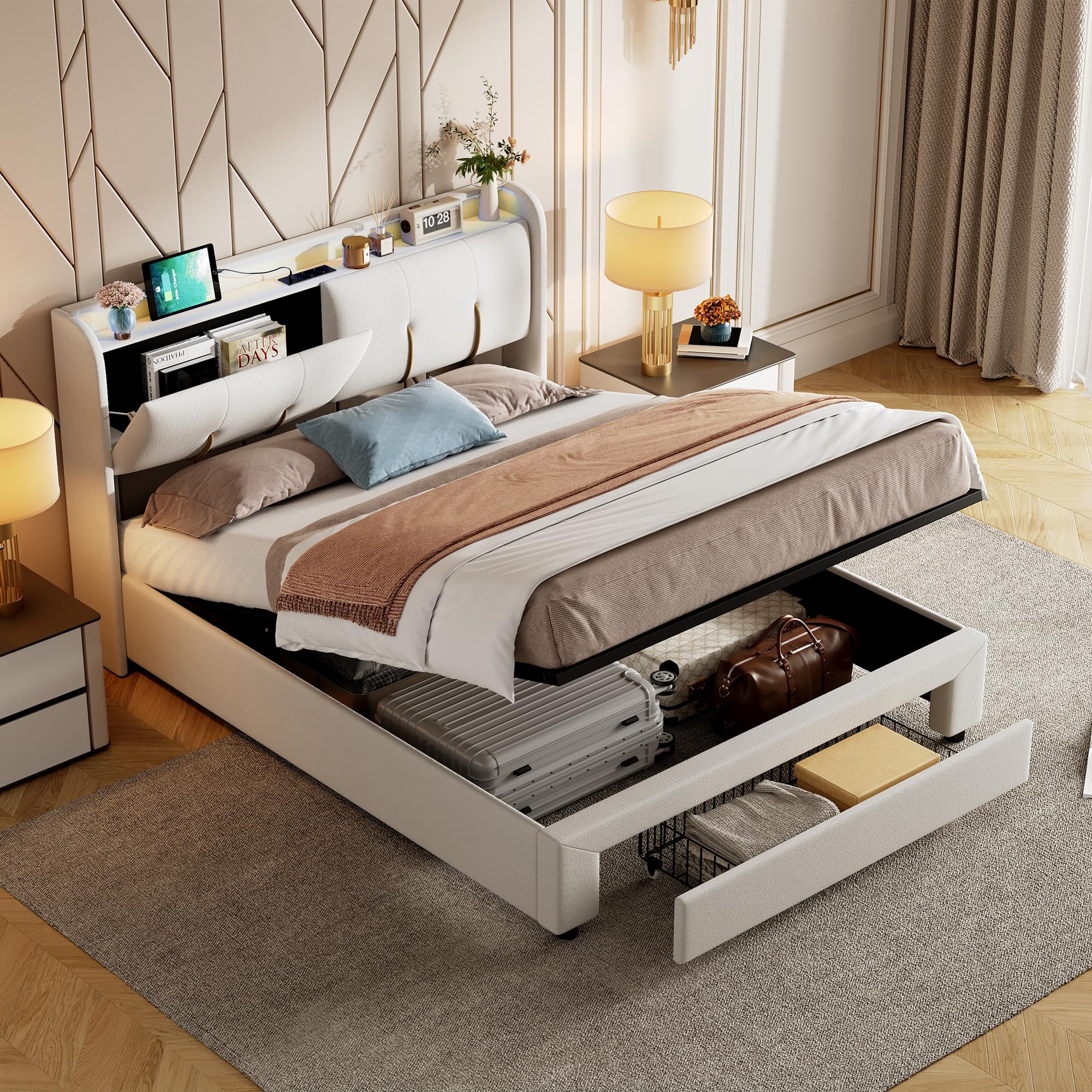 Polsterbett 140x200 cm,Led Bett mit Stauraum Schublade,Doppelbett, LED Kopfteil mit USB Ladefunktion, Rückenlehne Bed mit Stauraum und Lattenrost, Stauraumbett, Samt, Ohne Matratze
