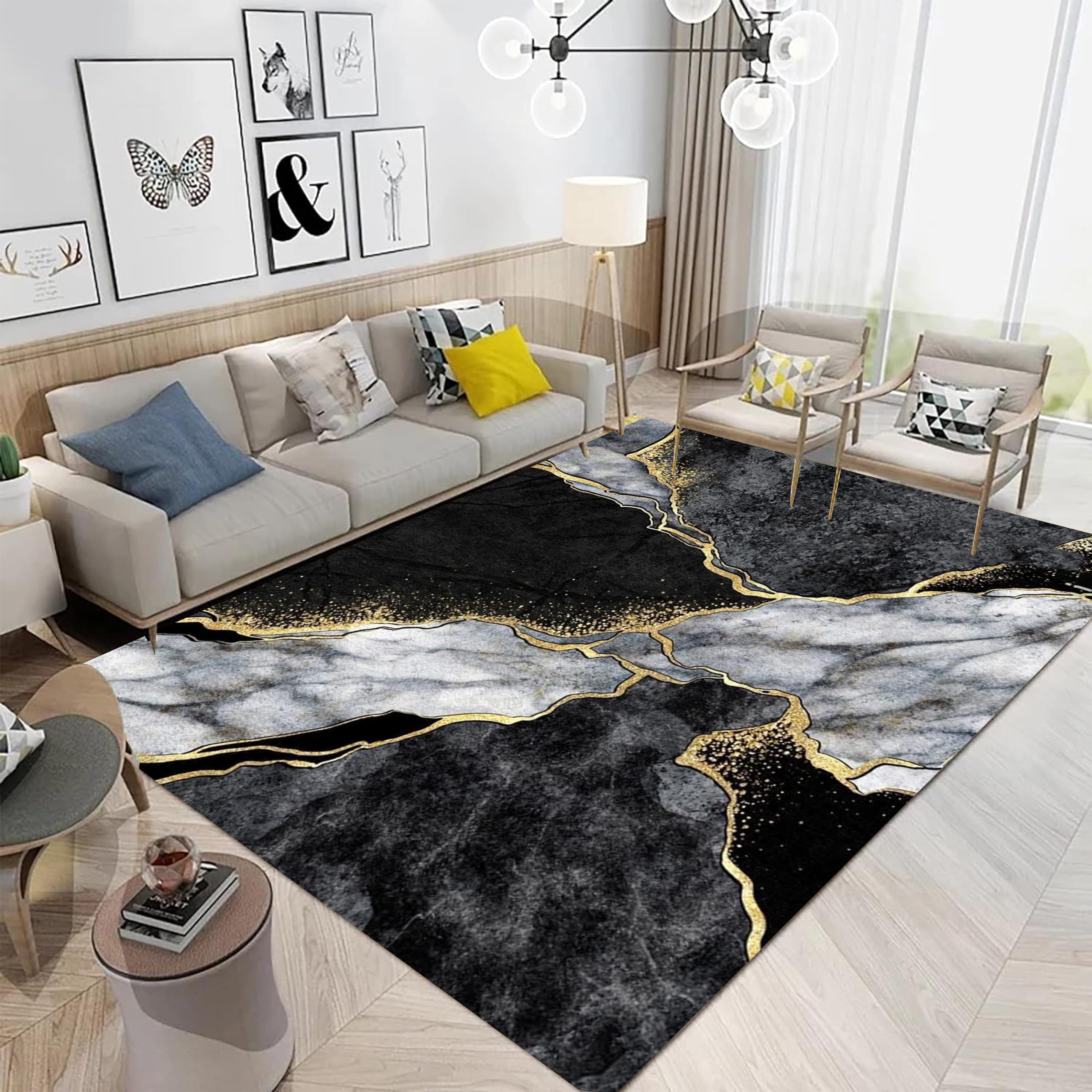 PDENZG Black Gray Gold Marble Area Rug, 5x8ft, Modern Abstract Aesthetic Area Rug, Simple Art Deco Rug, Suitable for Living Room, Bedroom, Dining Room
