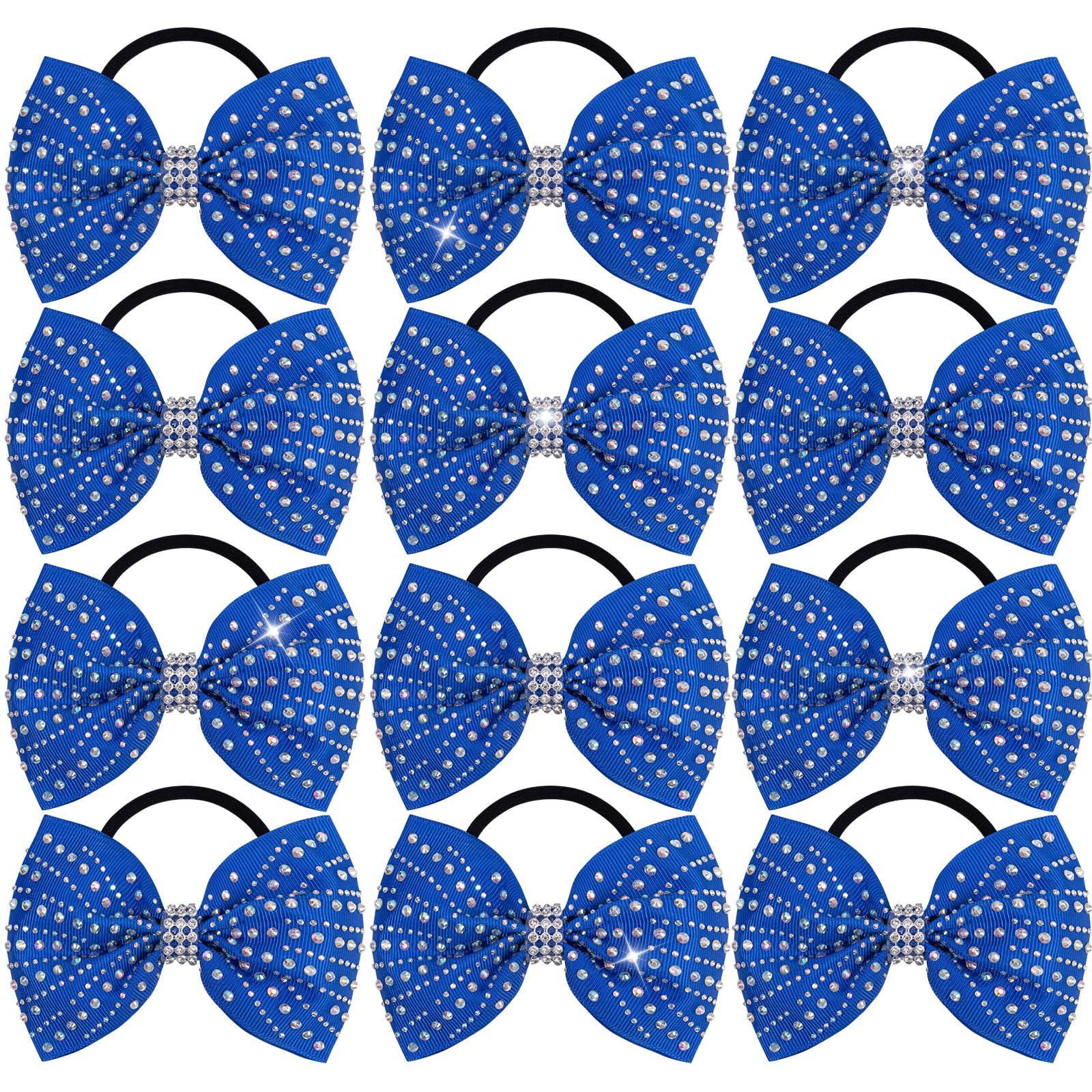 OAOLEER 12PCS Glitter Cheer Hair Bows for Cheerleading, Cheer Bow with Ponytail Holder for Teen Girls Cheerleader (Blue)