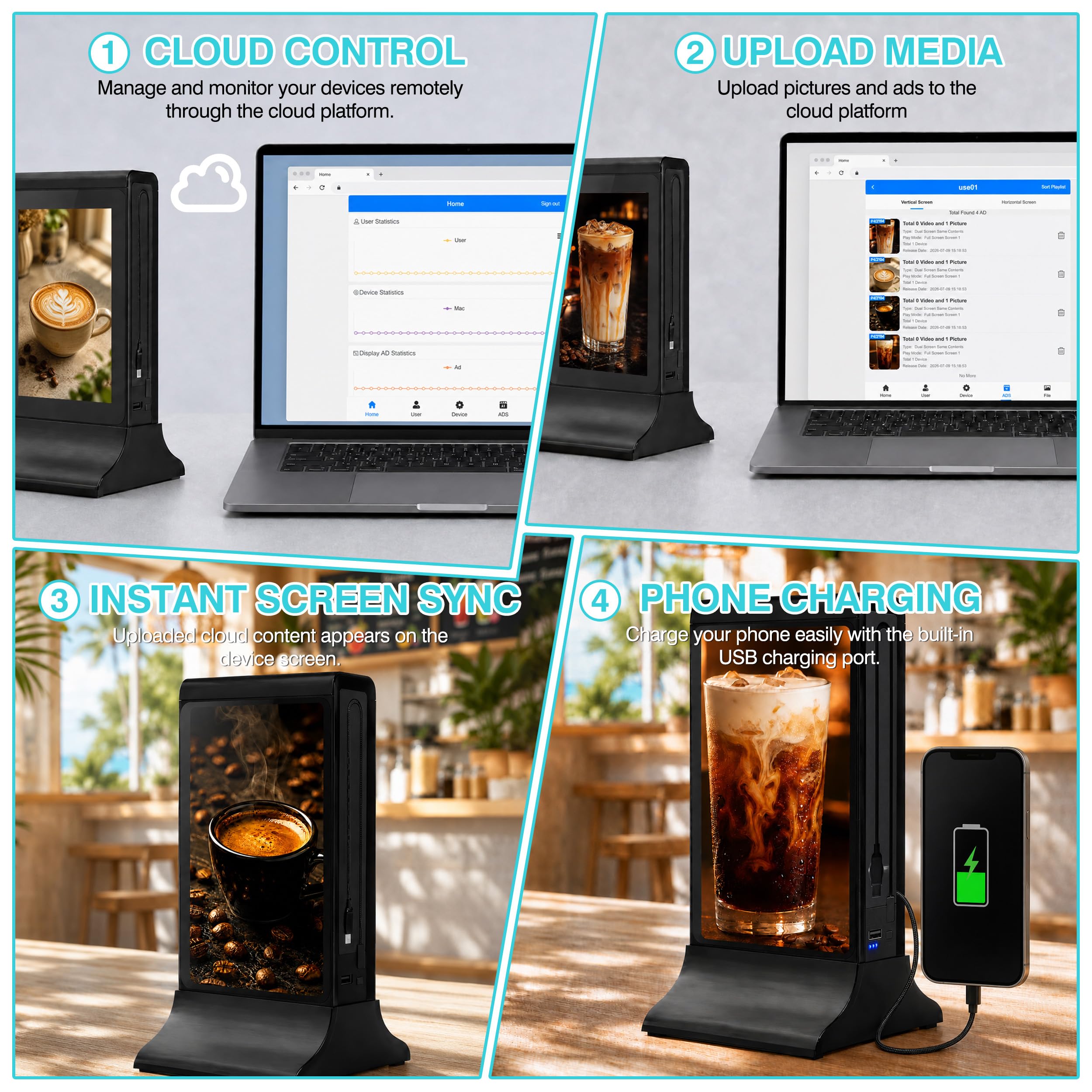 RDYMONKEY Présentoir de table numérique de 7 pouces avec câble de charge de téléphone portable et batterie - Support de prospectus de table sans fil pour restauration pour cartes de menu dans le