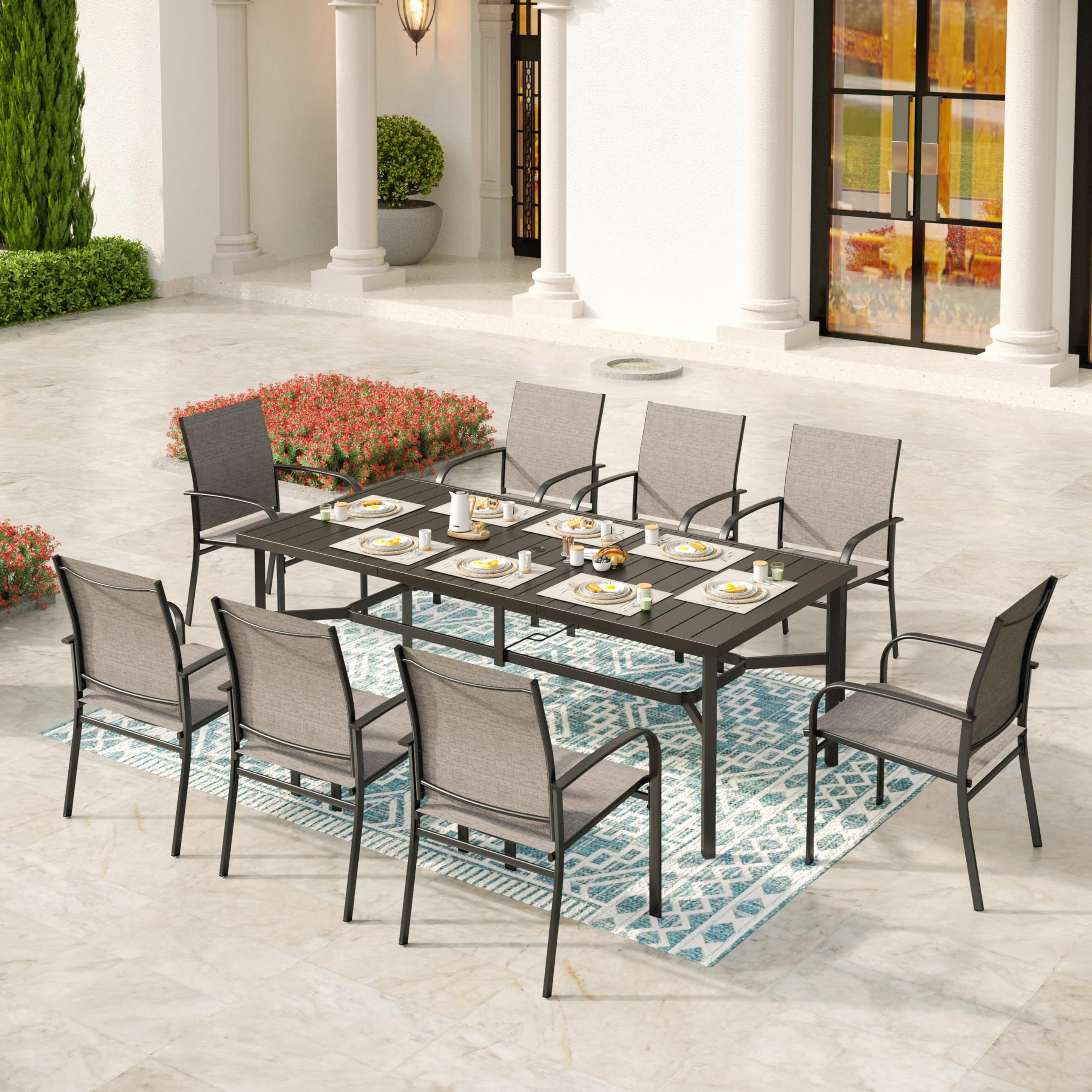 Patio Dining Set 9 PCS, 8 Stable Outdoor Dining Chairs with Rectangular Dining Table, Patio Table and Chairs Set for Lawn,Garden,Deck and Backyard