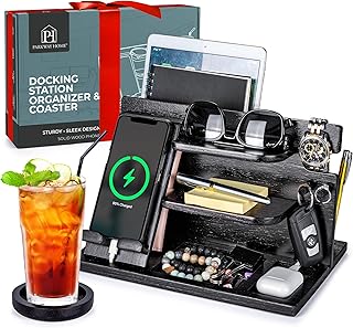 Black Wood Phone Docking Station - Wood Charging Station Organizer Stand...