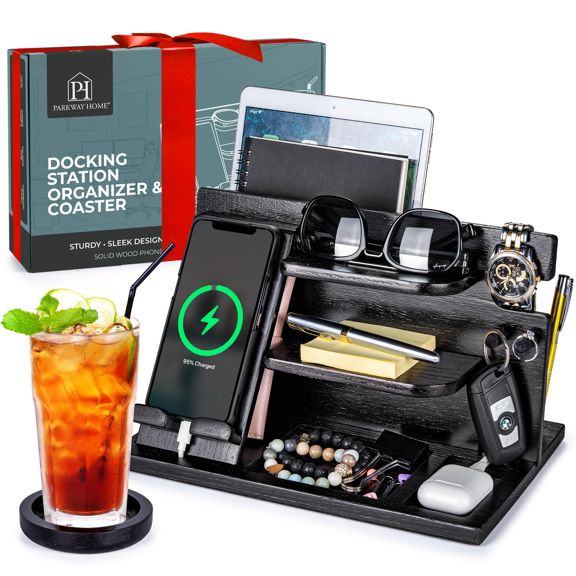 Parkway Home Black Wood Phone Docking Station Compatible with Apple Watch - Wood Charging Station Organizer Stand, Bedside Nightstand Organizer for