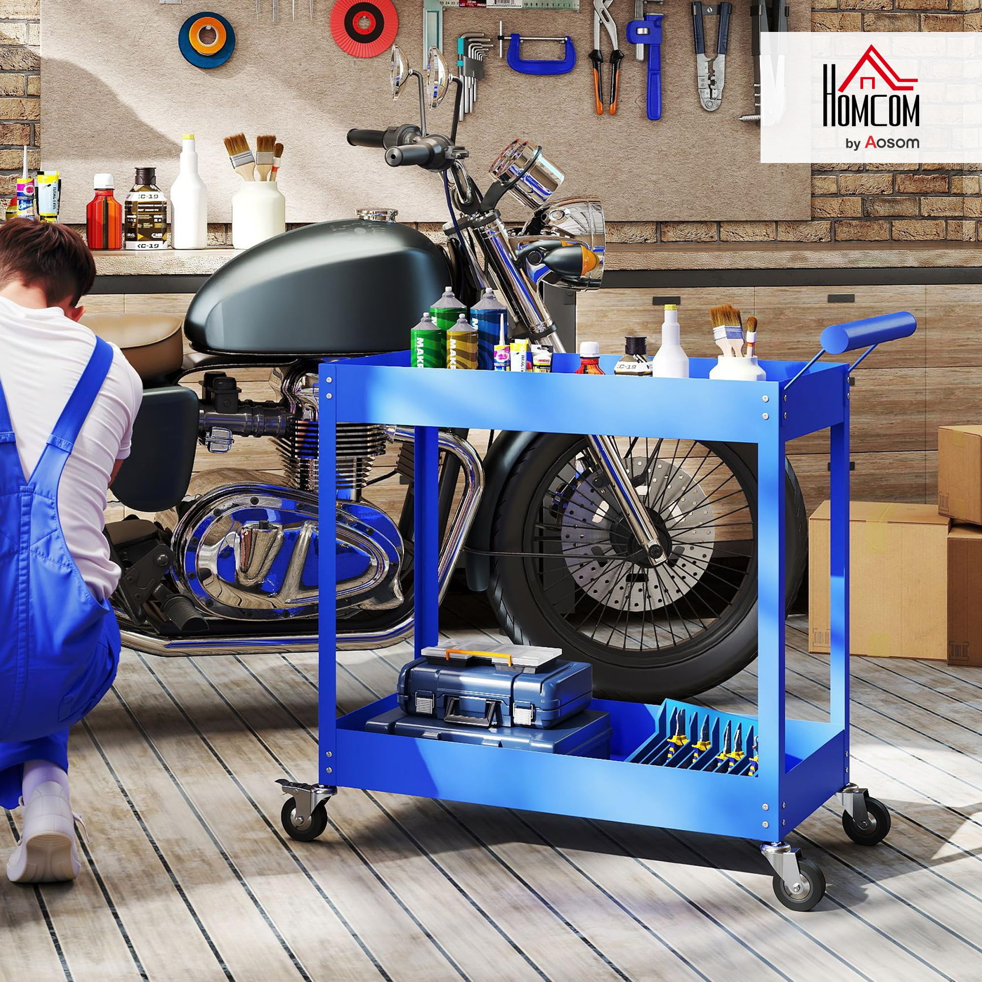 DURHAND Carrello da officina per officina, carrello per attrezzi a 2 livelli, maniglia laterale e ruote bloccabili, per garage, magazzino, utensili fai da te, carico 150 kg, 84,5 x 38 x 84 cm, blu
