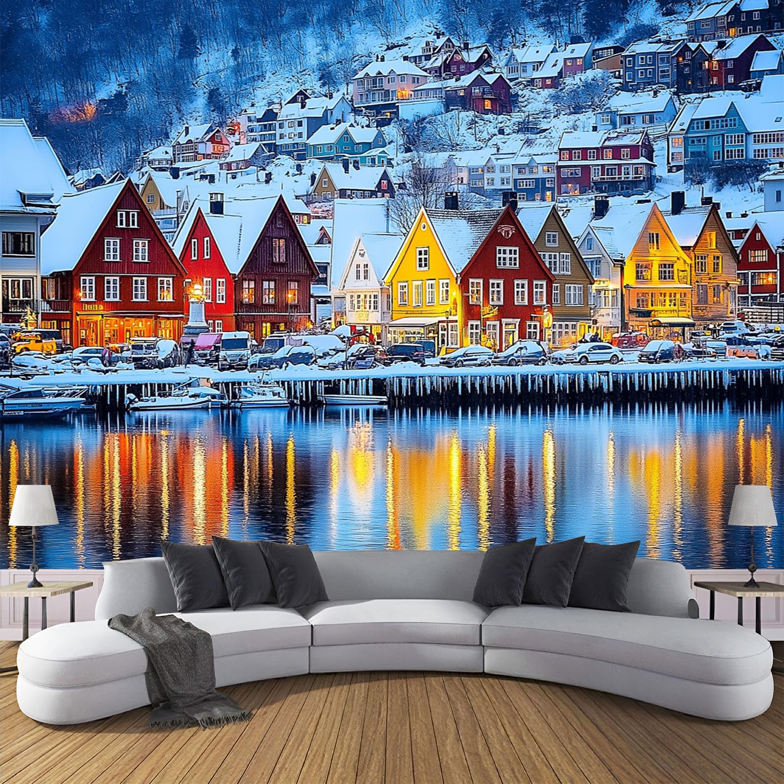 Papier peint panoramique en soie bleu scènes d'hiver pour sublimer le salon