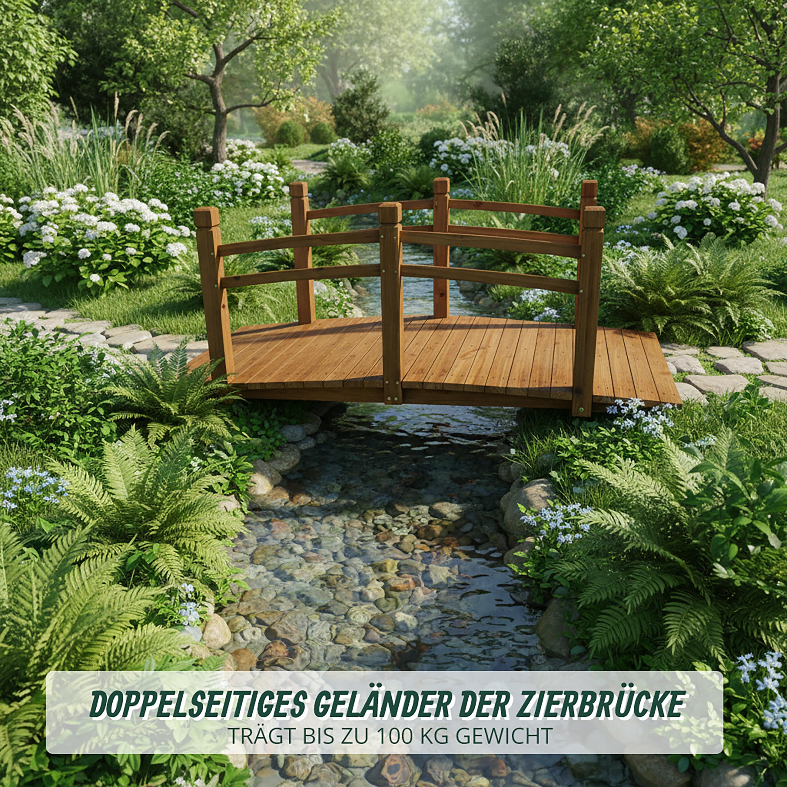 Relaxdays Garten Brücke, mit Geländer, Tannenholz, für Gartenteich, HxBxT: 55 x 150 x 67 cm, 150 kg, Holzbrücke, Natur
