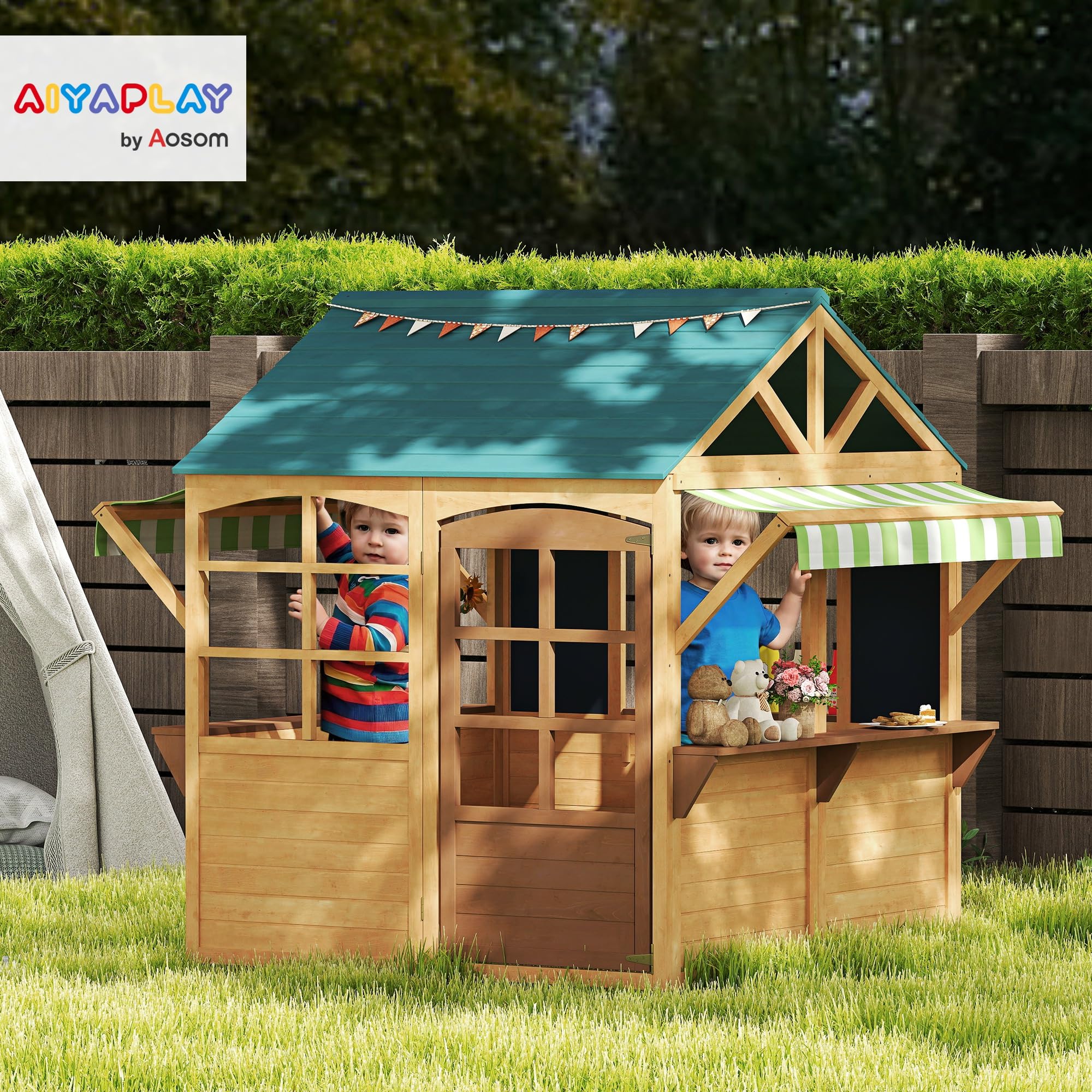 AIYAPLAY Spielhaus aus Holz Faltbar Kinderspielhaus Outdoor mit Fenstern und Tür für Kinder 3-8 Jahre