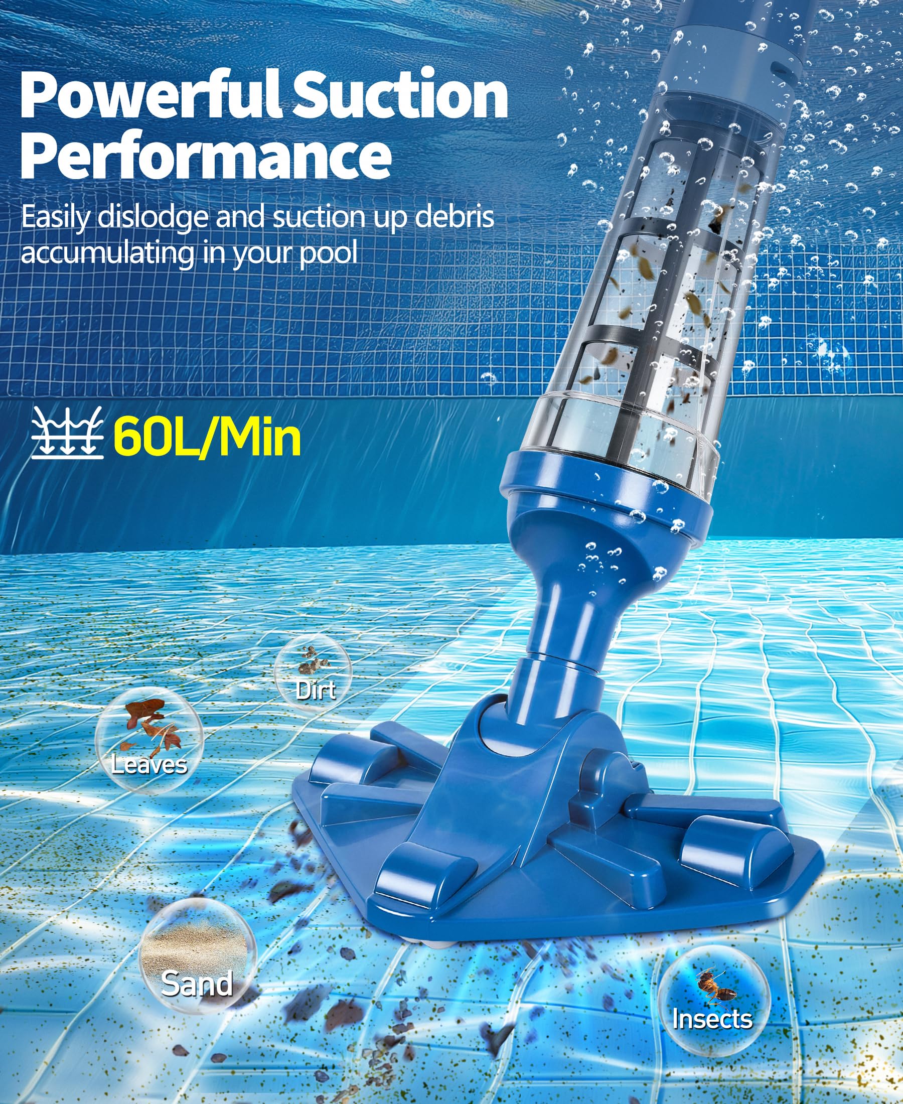 PoolLeader Aspirador Piscina Bateria, 60L/Min Aspiradora Piscina Sin Cable, Aspiradora Piscinas Manual con Sensor de Agua & 2 Cabezales Limpieza Extraíbles,Aspirador para Piscinas Hasta 90min Duración