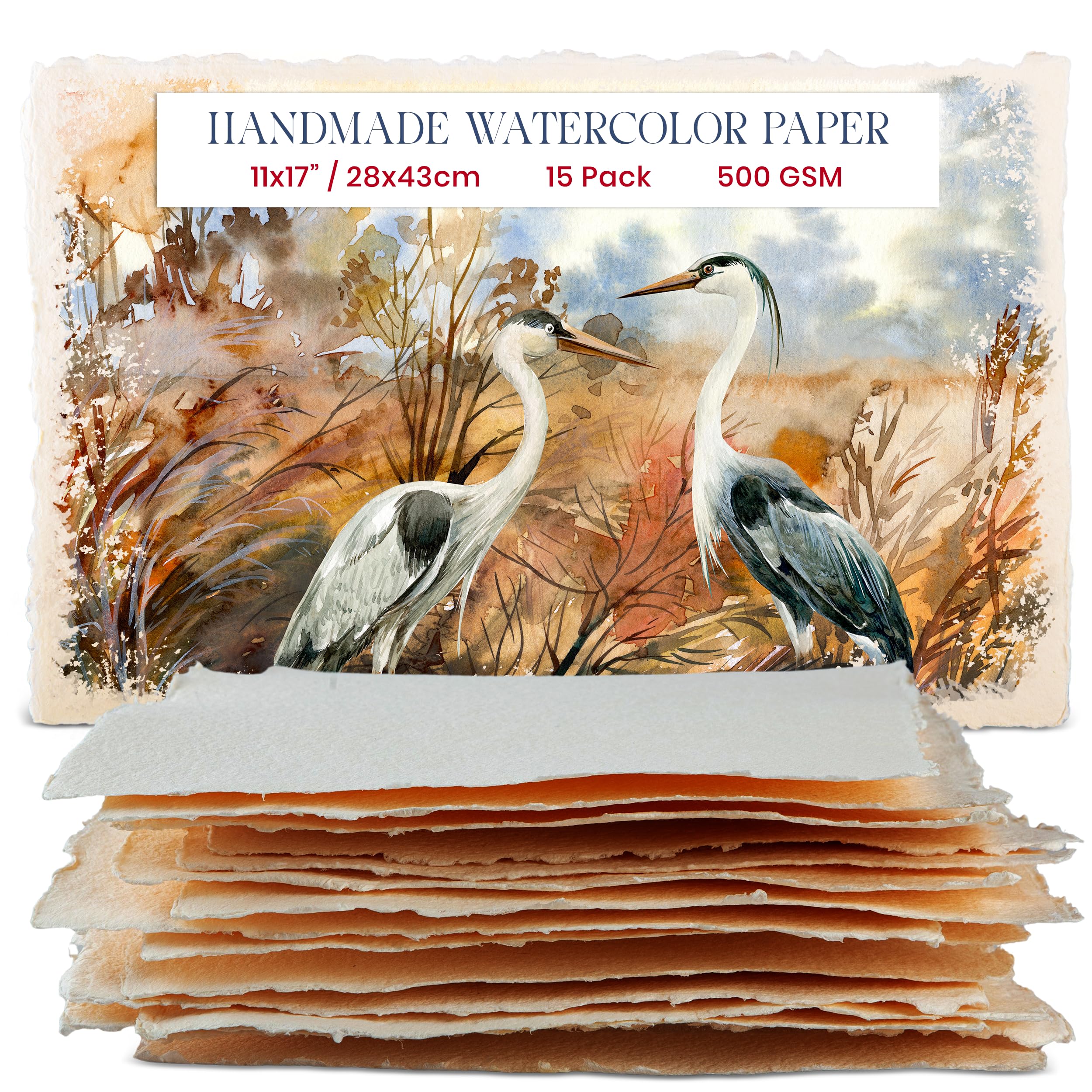 Wanderings Thick Handmade Watercolour Paper with Deckled Edge - 28x43 Cm - 500gsm Premium Ivory Cold-Pressed Textured Mixed Media Paper Made with Recycled Cotton - 15 Loose Leaf Sheets