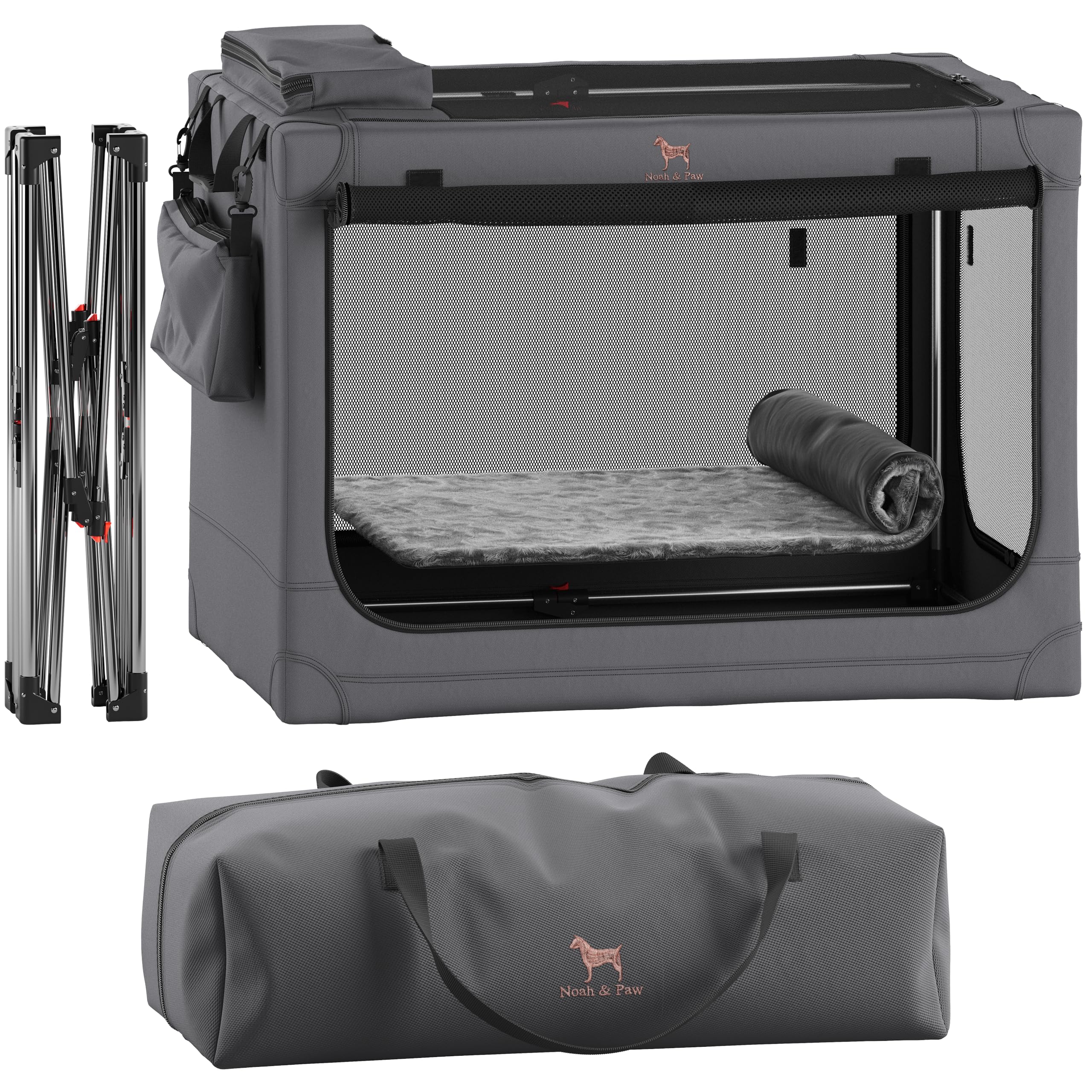 Noah & Paw Collapsible Dog Crate 30 Inches, Large Dog Crate for Large Medium Breeds, Travel Kennel for Car, Including Pet Mat for Pet Cage, 2 Storage Pockets, Handbag, 10mm Locking Zipper 30*21*21