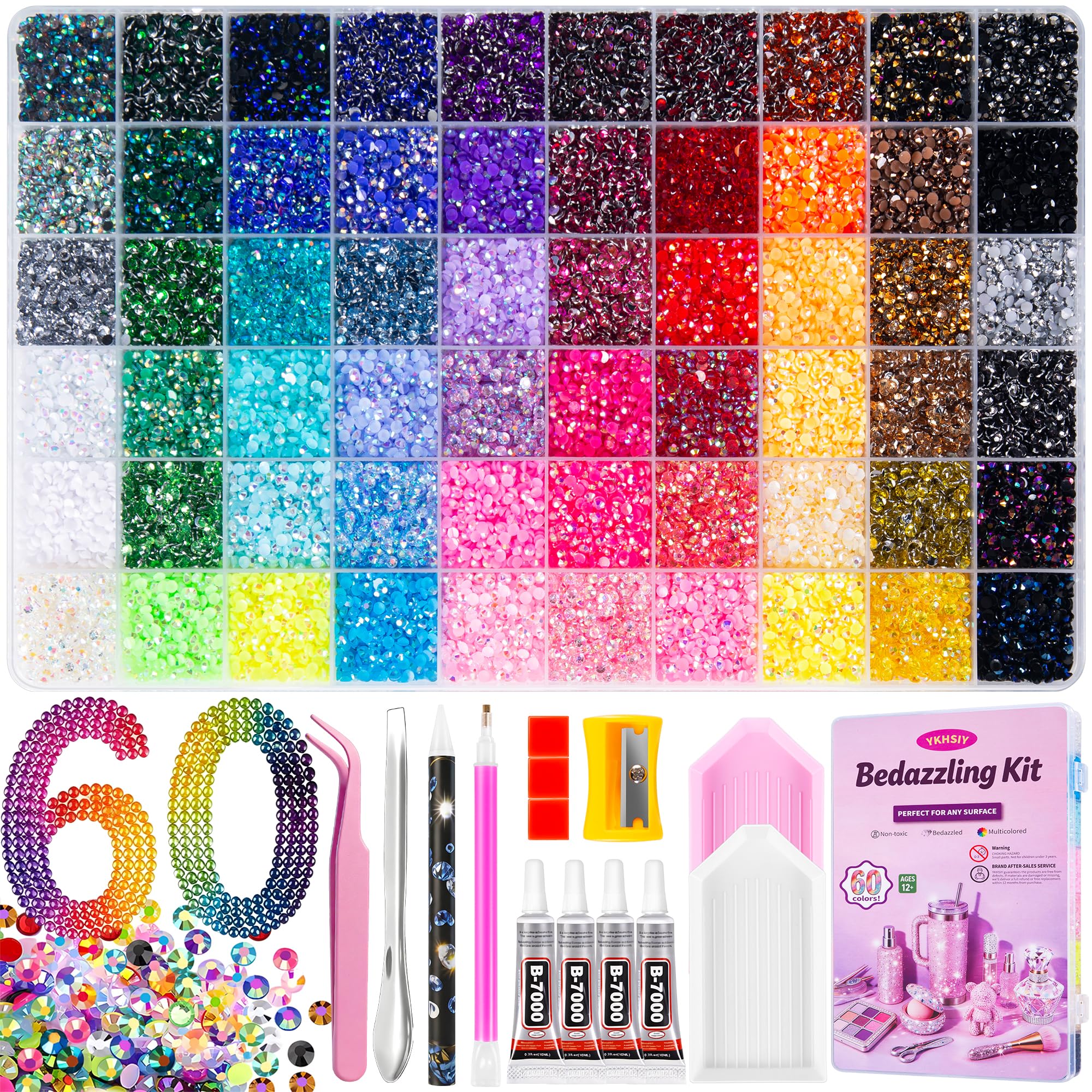 Bedazzling Kit 48000Pcs 60 Colors Resin Jelly Rhinestones, Multicolor 3mm Flatback Gems for Diamond Art, Bedazzler Kit with 4Pcs 10ml B7000 Jewelry Glue & Tools for DIY Nail Art Crafting Book Makeup Jelly Multicolored - 60 Color Ultra Large Packs | 3