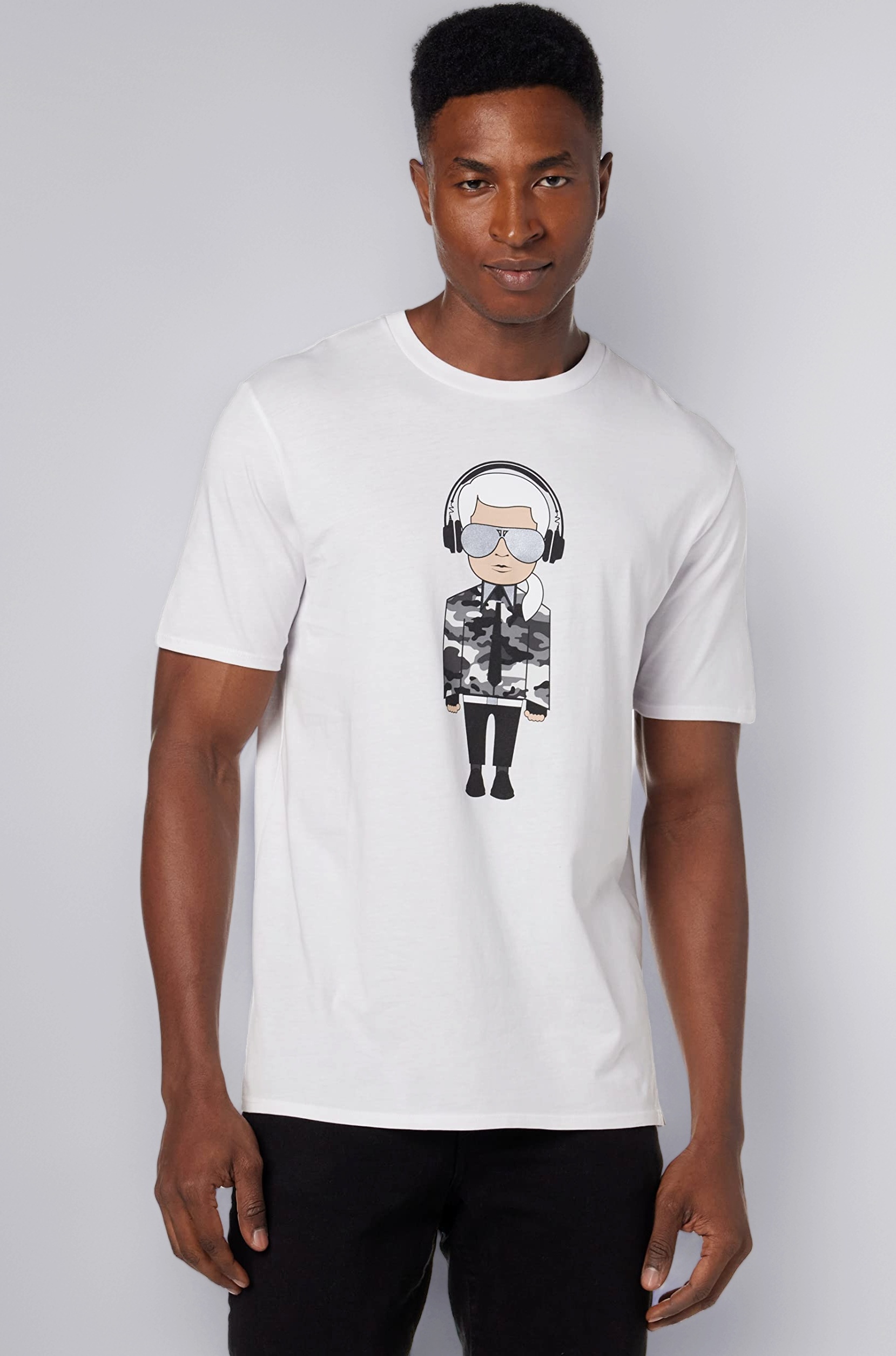 Karl Lagerfeld Paris Mens Reflective Men’s T-Shirt, Karl Character with Headphones Short Sleeve Crew Neck Men’s Shirt