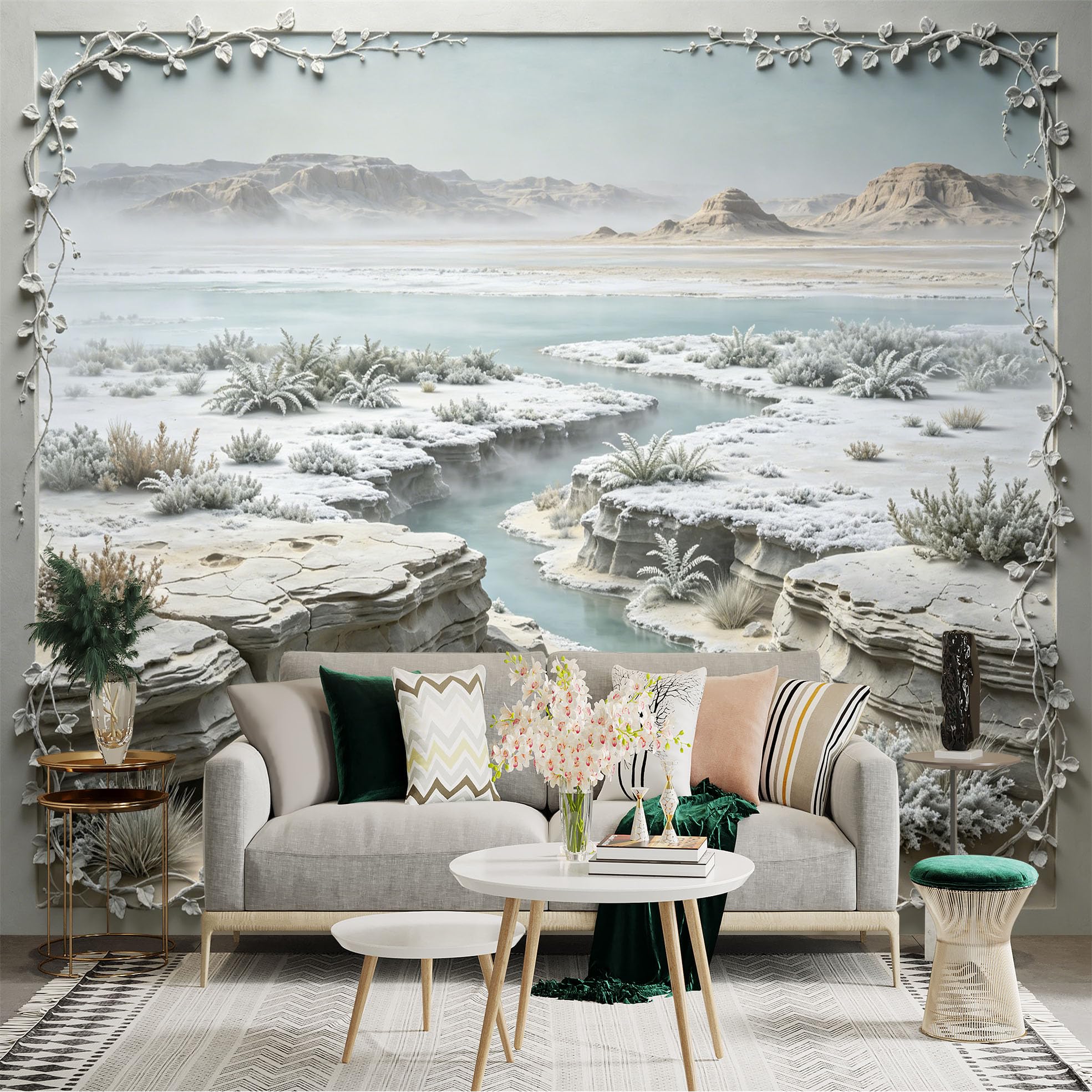 Custom Size Wall Sticker Mural， Winter Desert with Frosted River， Rocky Landscape and Misty Mountains， for wall Decoration， peelandstick wall Decals.