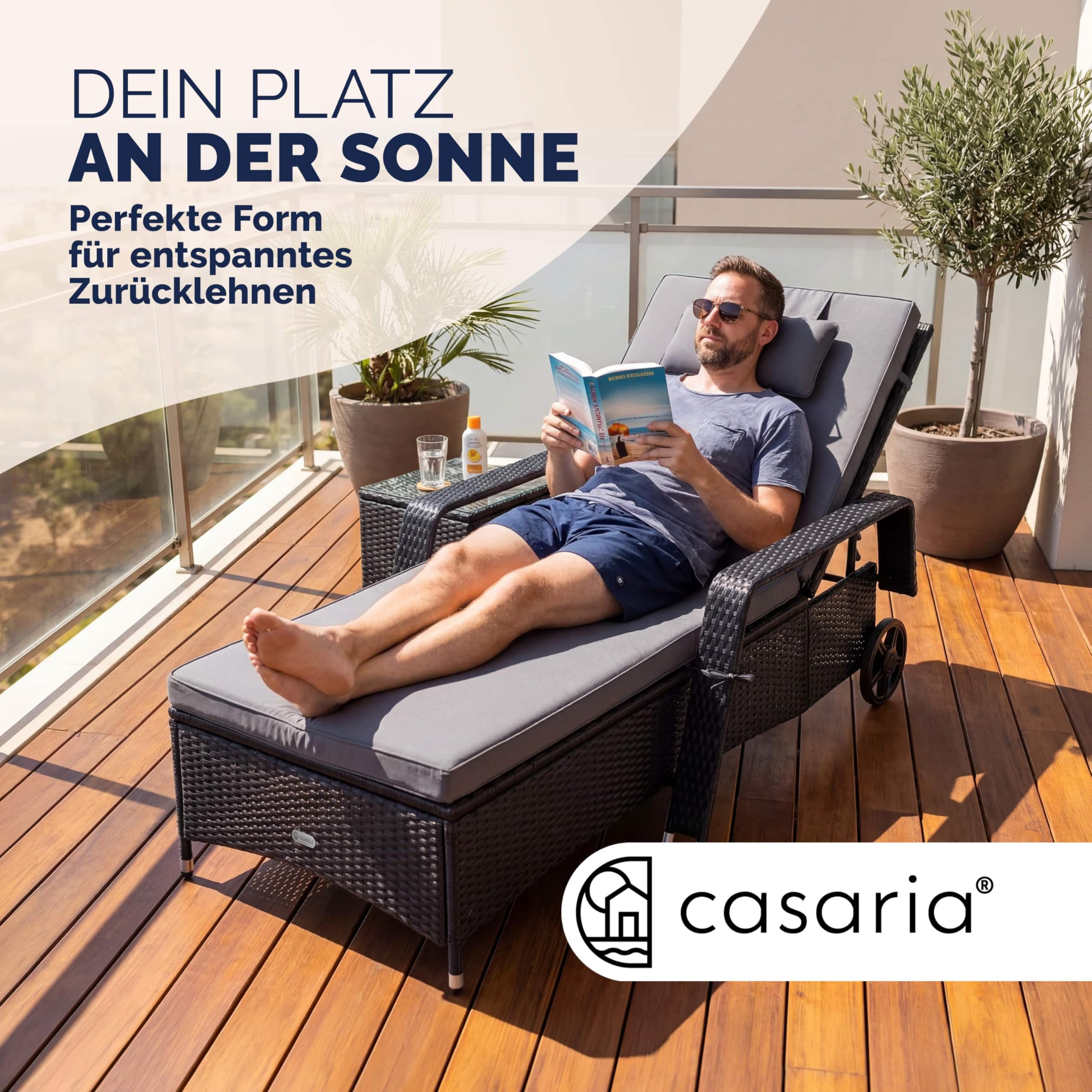 Casaria® Sonnenliege 2er Set mit Rollen 7cm Auflage Extra Breit 90cm Gartenliege Wetterfest 165kg Belastbar Terrasse Balkonmöbel Liegestuhl Schwarz Anthrazit