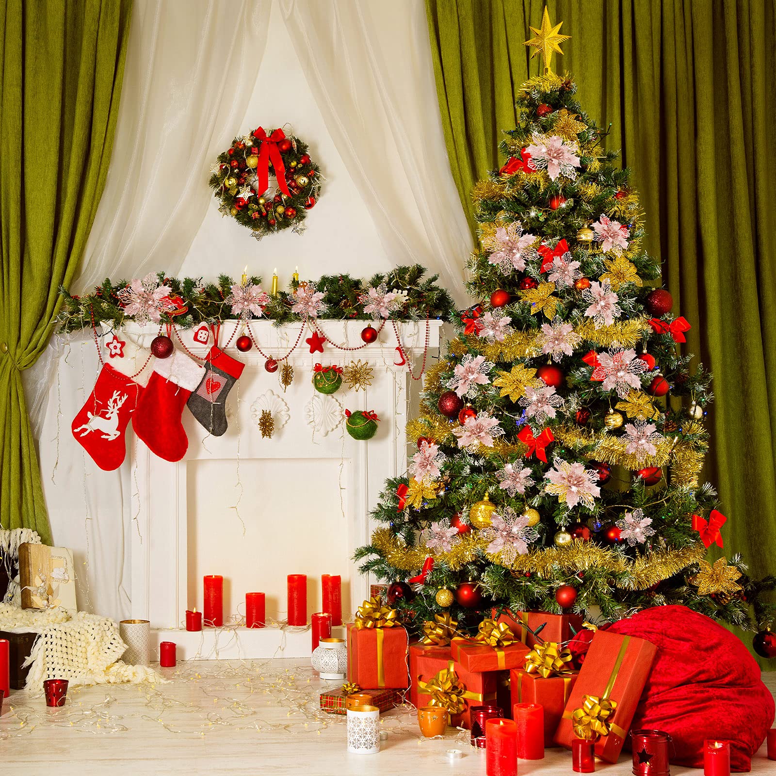 Boao 24 sztuki Boże Narodzenie brokat sztuczne kwiaty wilczomleja Boże Narodzenie kwiaty dekoracje ślub choinka ozdoby noworoczne (różowe złoto) (Boao-Ornaments-BA5341)