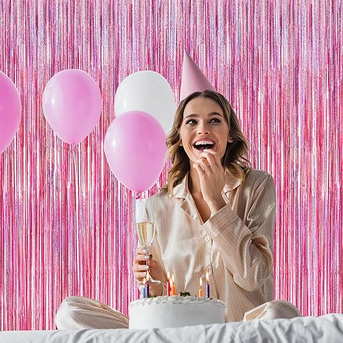 Miniatura 5 de Paquete de 2 fondos rosa brillante, 3.28 × 7.05 pies, cortinas de flecos láser metálicas, ideales como decoración de cumpleaños, fondo para fotos y