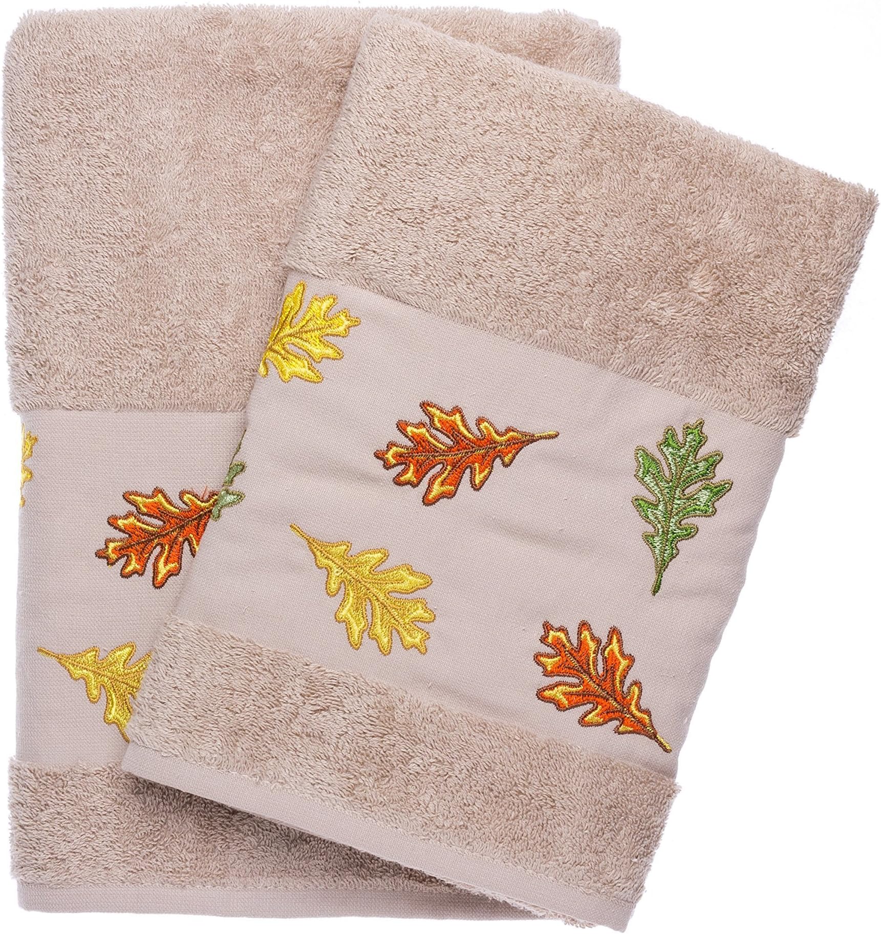 Ebru Autumn Leaves Embroidered Bath & Hand Towel Set Bathroom%100 Turkish Cotton
