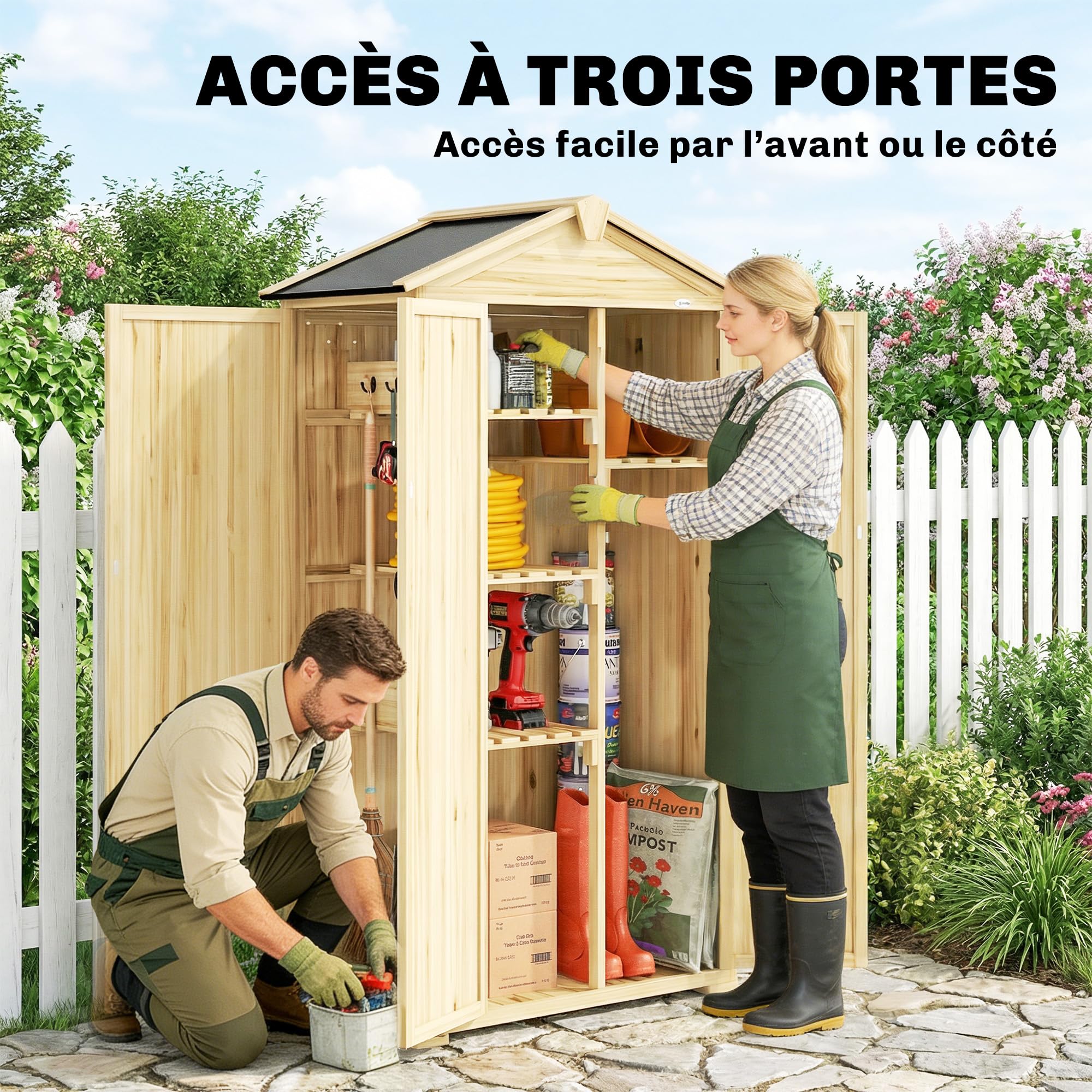 Outsunny Armoire de Jardin en Bois à 3 Portes, 93x53x168cm, Bois Naturel