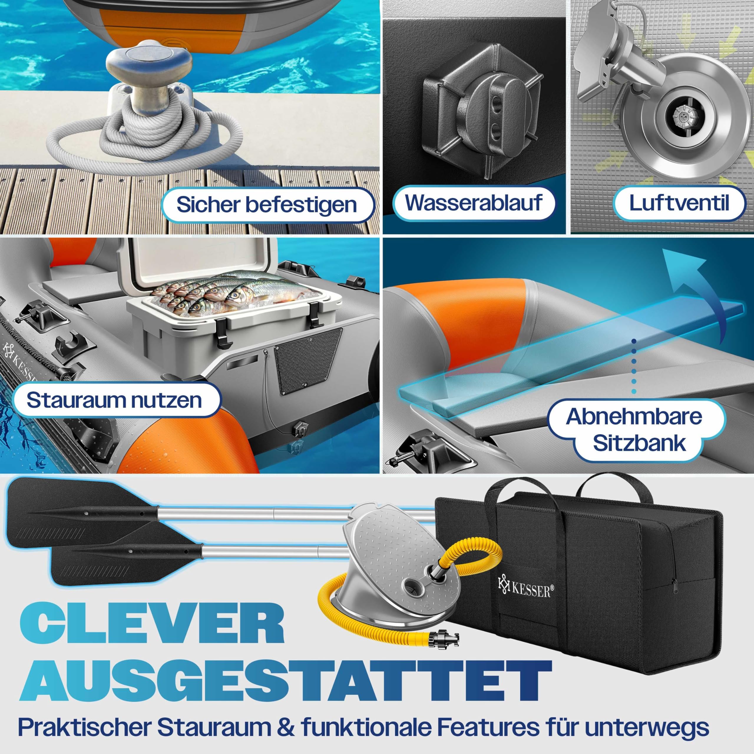 KESSER® Schlauchboot Wave 230-320 cm Set de 6 piezas inflable – Bote + banco, bomba de aire, remos, kit de reparación, bolsa, bote de pesca, bote a remo pequeño y grande - posible combinación con