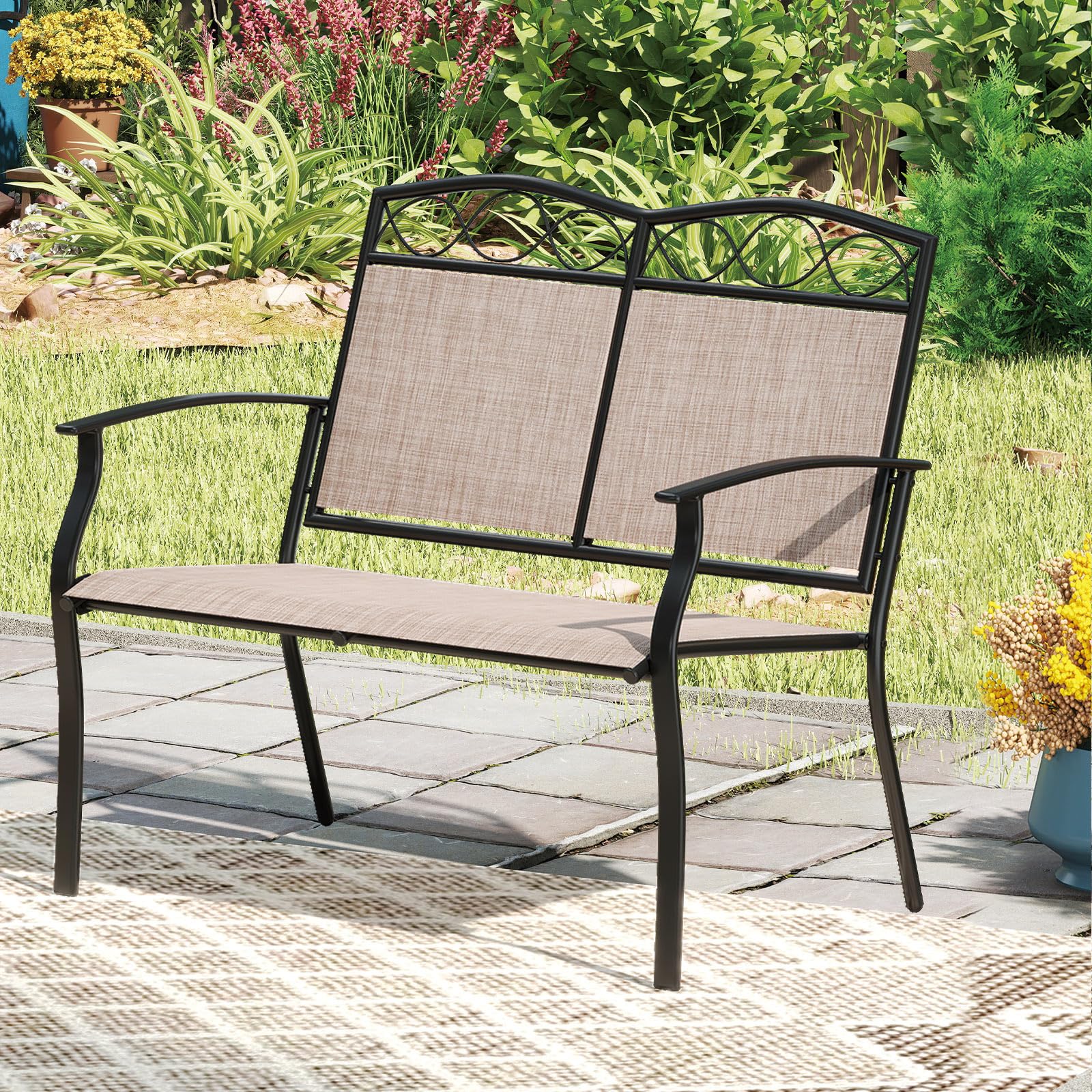 GIANTEX Banc Exterieur Jardin avec Dossier et Assise en Tissu Respirant, Charge 300 kg, Cadre en Métal Robuste avec Accoudoirs, Banquette Exterieur Jardin 2 Places pour Porche, Patio, Piscine, Marron