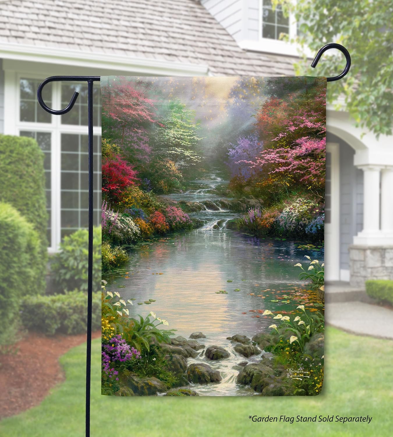 Flagology, Thomas Kinkade Garden of Prayer Waters Garden Flag 12" x 18", Outdoor Flag, Exclusive Premium Fabric, Officially Licensed Thomas Kinkade, Spring
