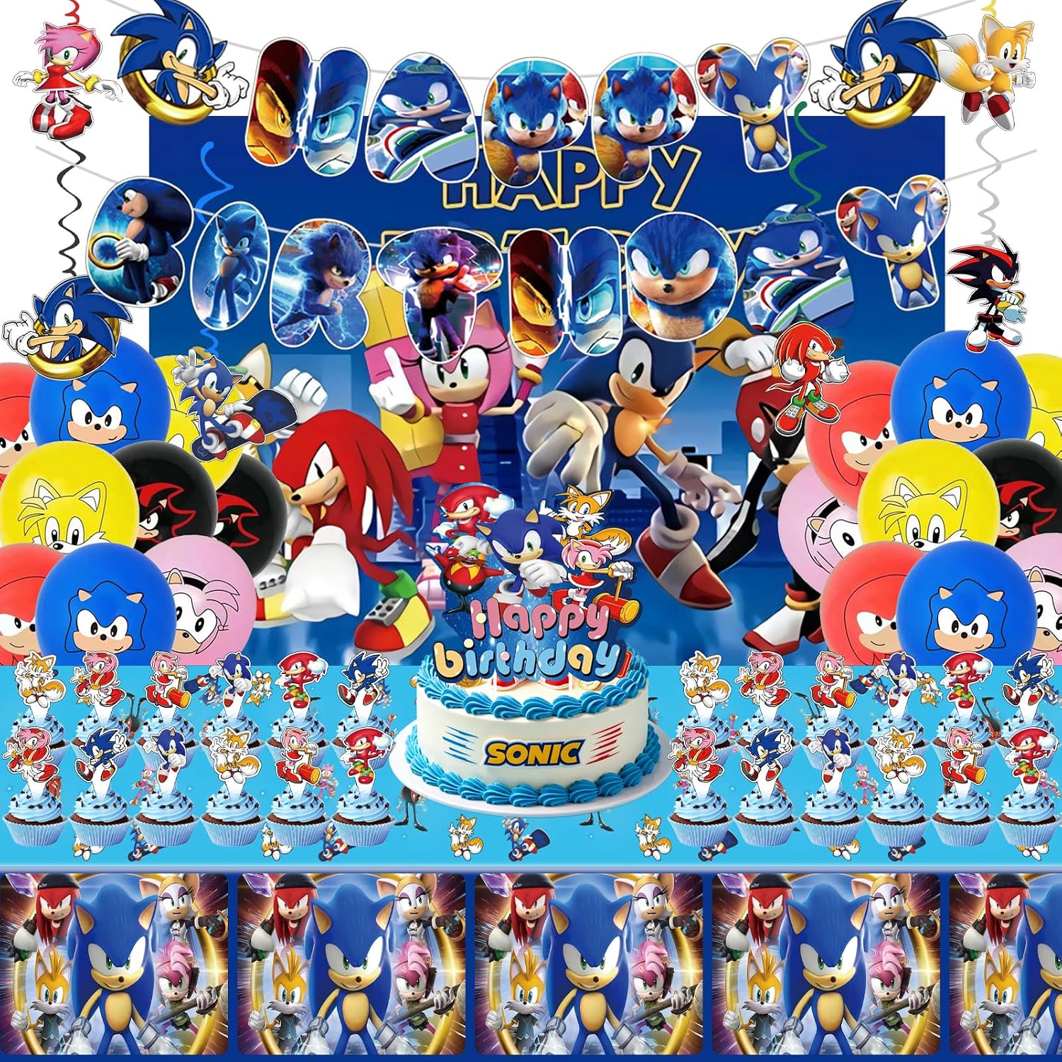 For Sonic Party Supplies, 49 PCS Birthday Decorations Set Include Banner, Balloons,, Hanging Swirls, Cake Cupcake Toppers, Tablecloth for Boys Girls Sonic Theme Party