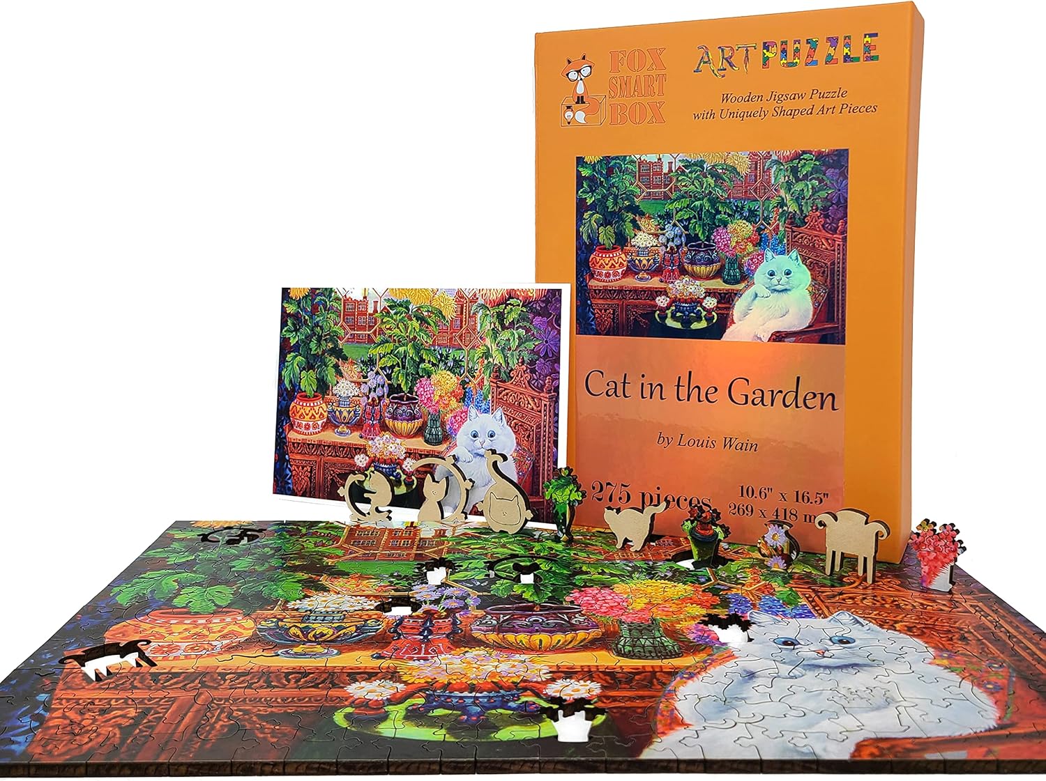 Wooden Jigsaw Puzzle for Adults - Uniquely Shaped Pieces - Made in The USA by FoxSmartBox - 275 Pieces - Cat in The Garden