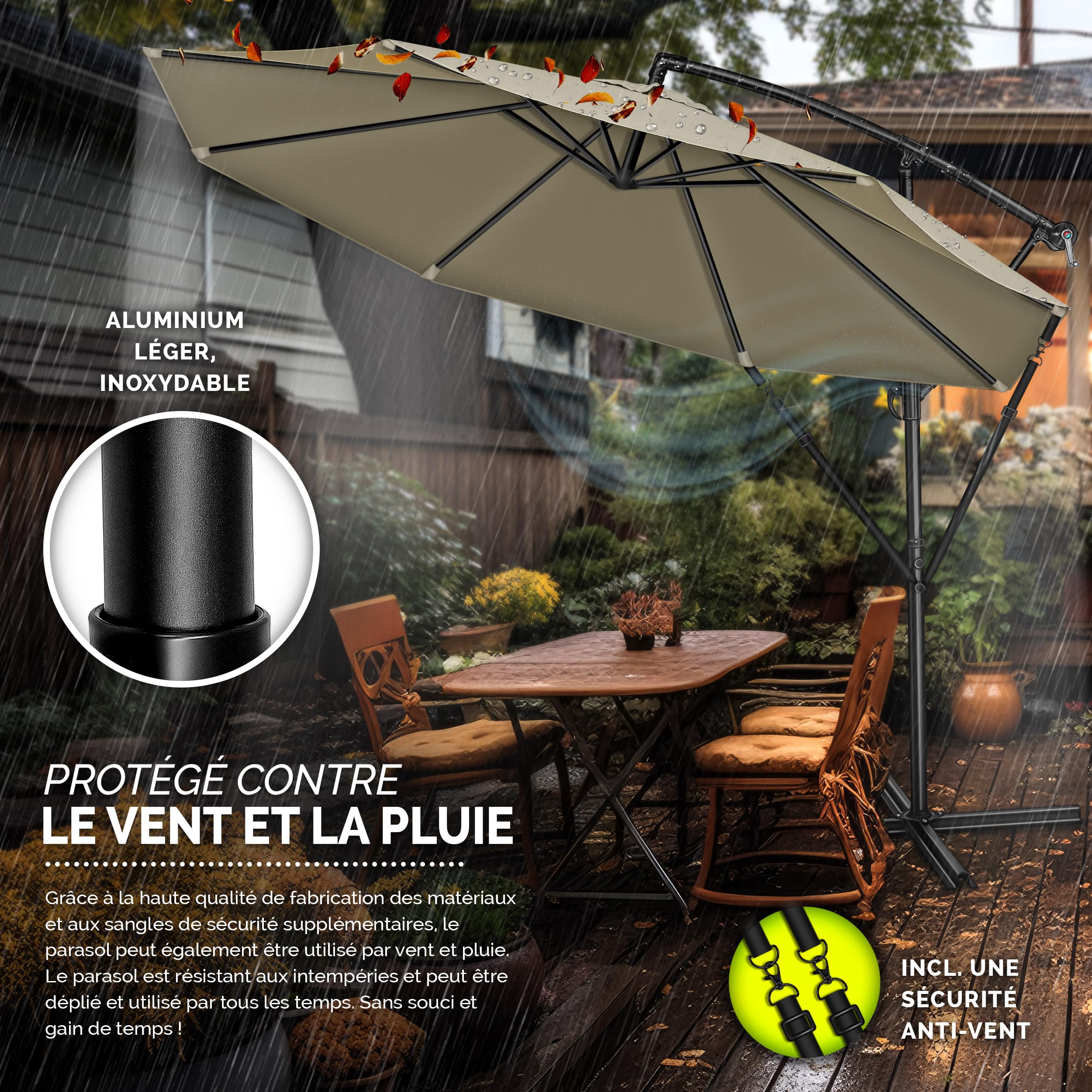 tillvex Parasol déporté hexagonale 3M avec manivelle | Pare-soleil avec pied | Protection UV en aluminium pour le jardin | Parasol à manivelle pour le marché déperlant