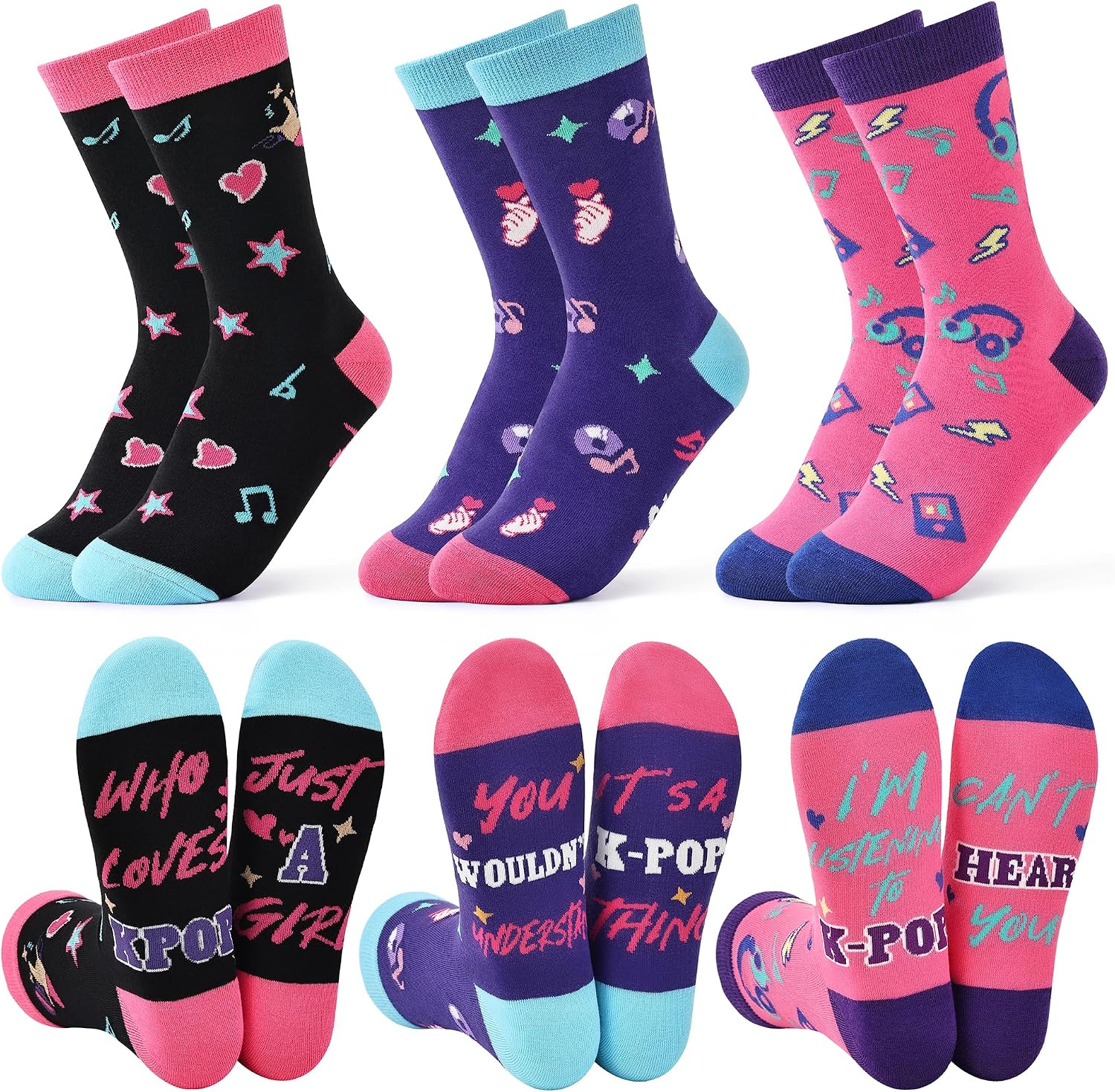 K-pop Theme Cotton Crew Socks for Women and Teen Girls, Cute Korean Novelty Socks, K pop Fans Gifts & Outfit Gear