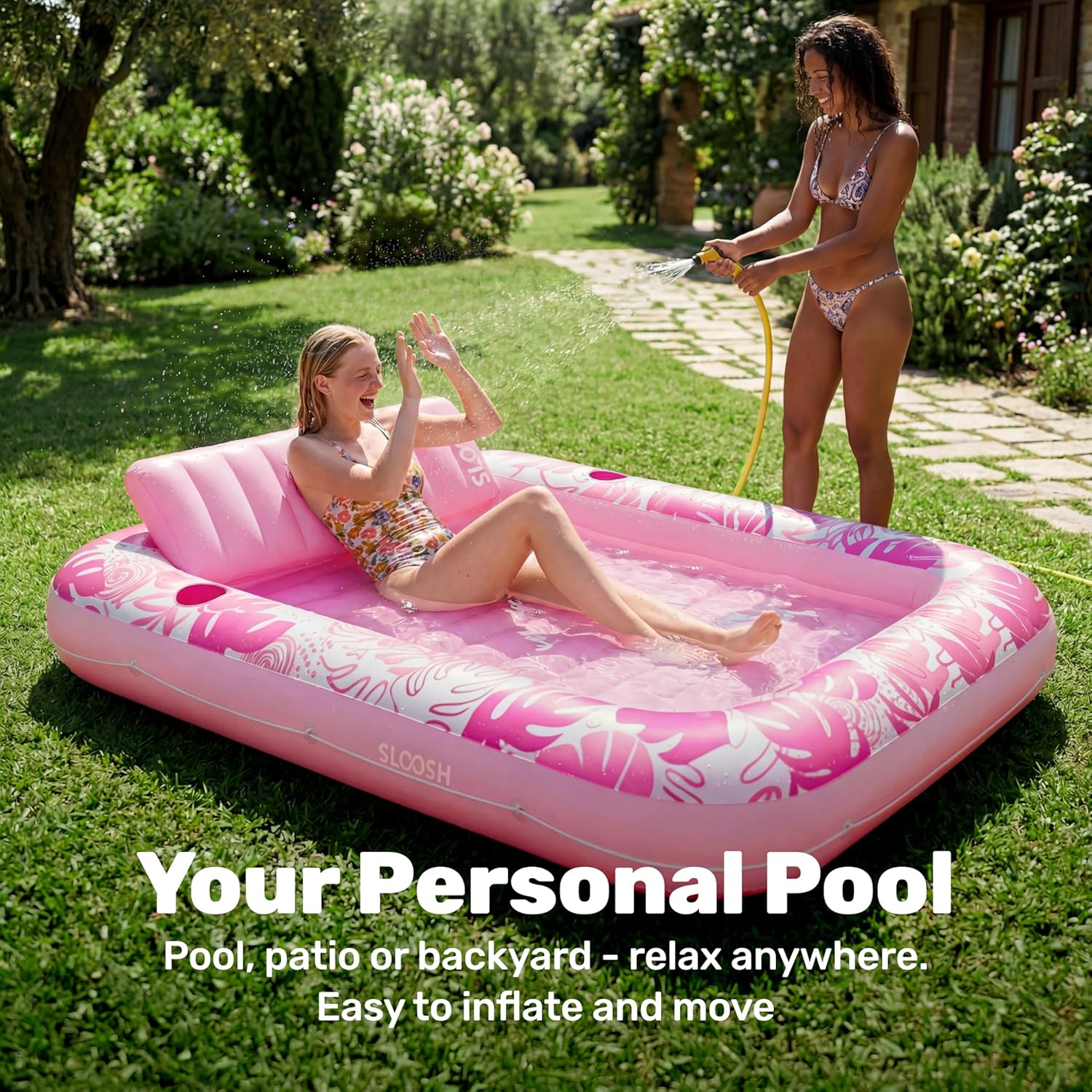 SLOOSH Inflatable Tanning Pool Lounger Float, 85" x 57" Extra Large Pool Floats Adult with Pillow, 4 in 1 Suntan Tub Raft Floatie,Sunbathing Bed Lounge for Water Blow Up Ball Pit, XL-Blushing Pink