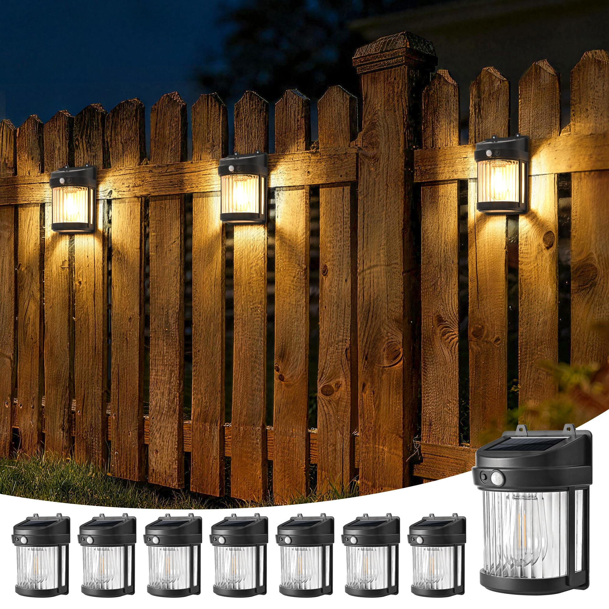 PEVOROS Lot de 8 lampes solaires d'extérieur avec 3 modes pour abri de jardin, terrasse, porte d'entrée, garage, clôture