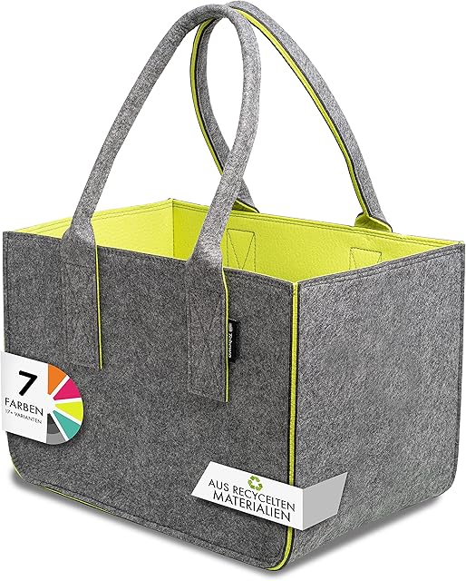 Torba na zakupy z filcu, duża, z uchwytami, zwijana, uniwersalna, także do przechowywania drewna kominkowego, do noszenia i przechowywania zabawek, ciemnoszary/żółty