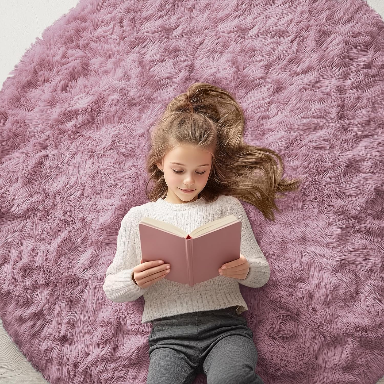 OLANLY Blush Round Rugs for Bedroom - Machine Washable, 5 ft Circle Area Rugs for Living Room, Soft and Fluffy Shaggy Carpet for Teen Girls and Boys, Nursery Rooms, Dorms, Home Decor Aesthetic