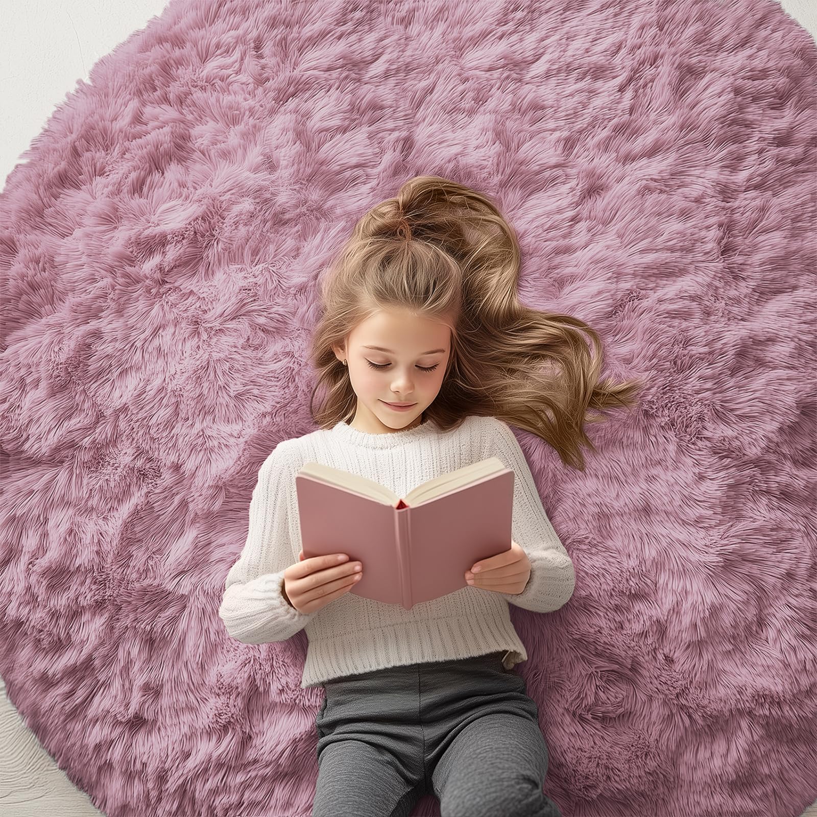 OLANLY Blush Round Rugs for Bedroom - Machine Washable, 5 ft Circle Area Rugs for Living Room, Soft and Fluffy Shaggy Carpet for Teen Girls and Boys,