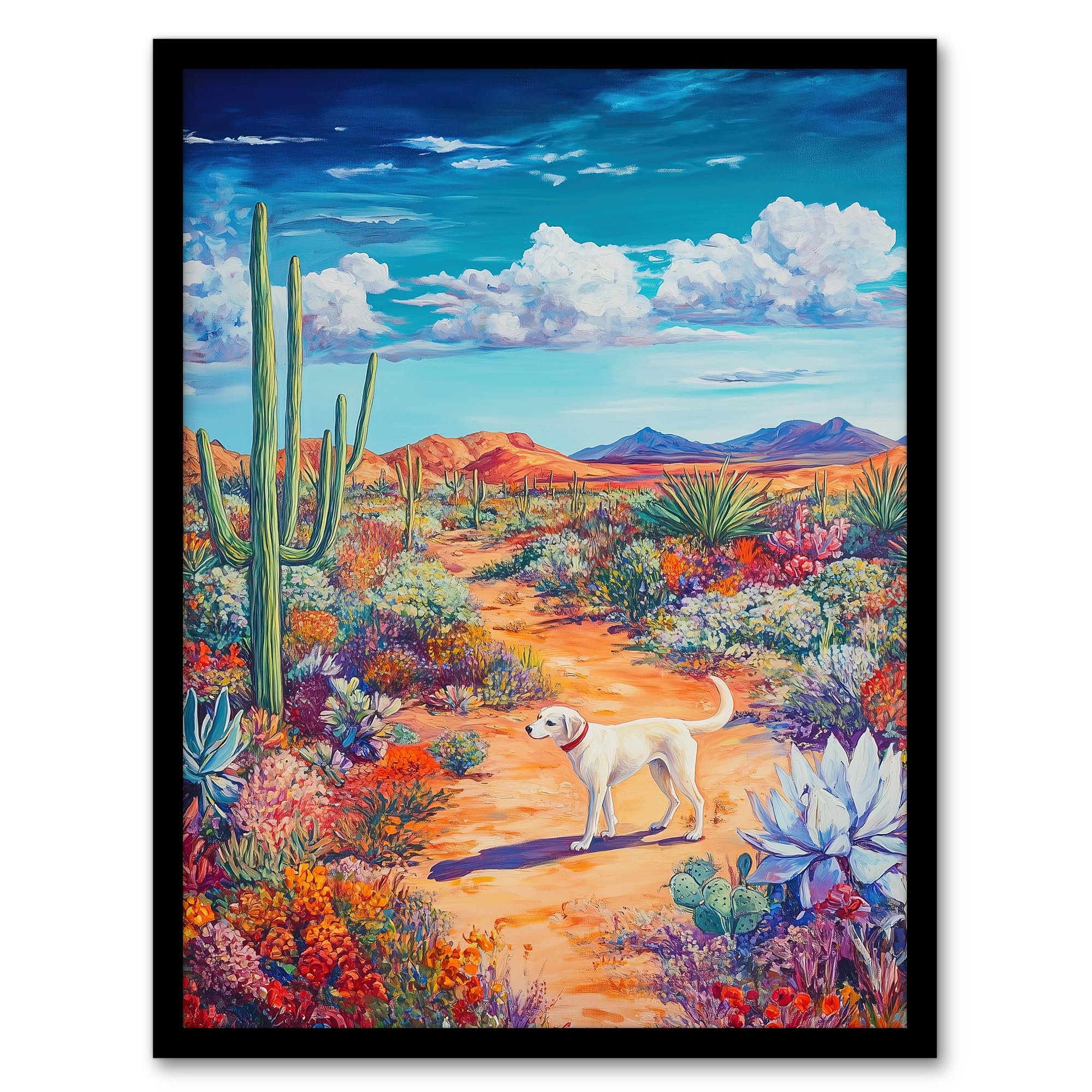 Artery8 White Labrador in Blooming Cacti Oasis Dog Lover Living Room Artwork Framed Wall Art Print 18X24 Inch