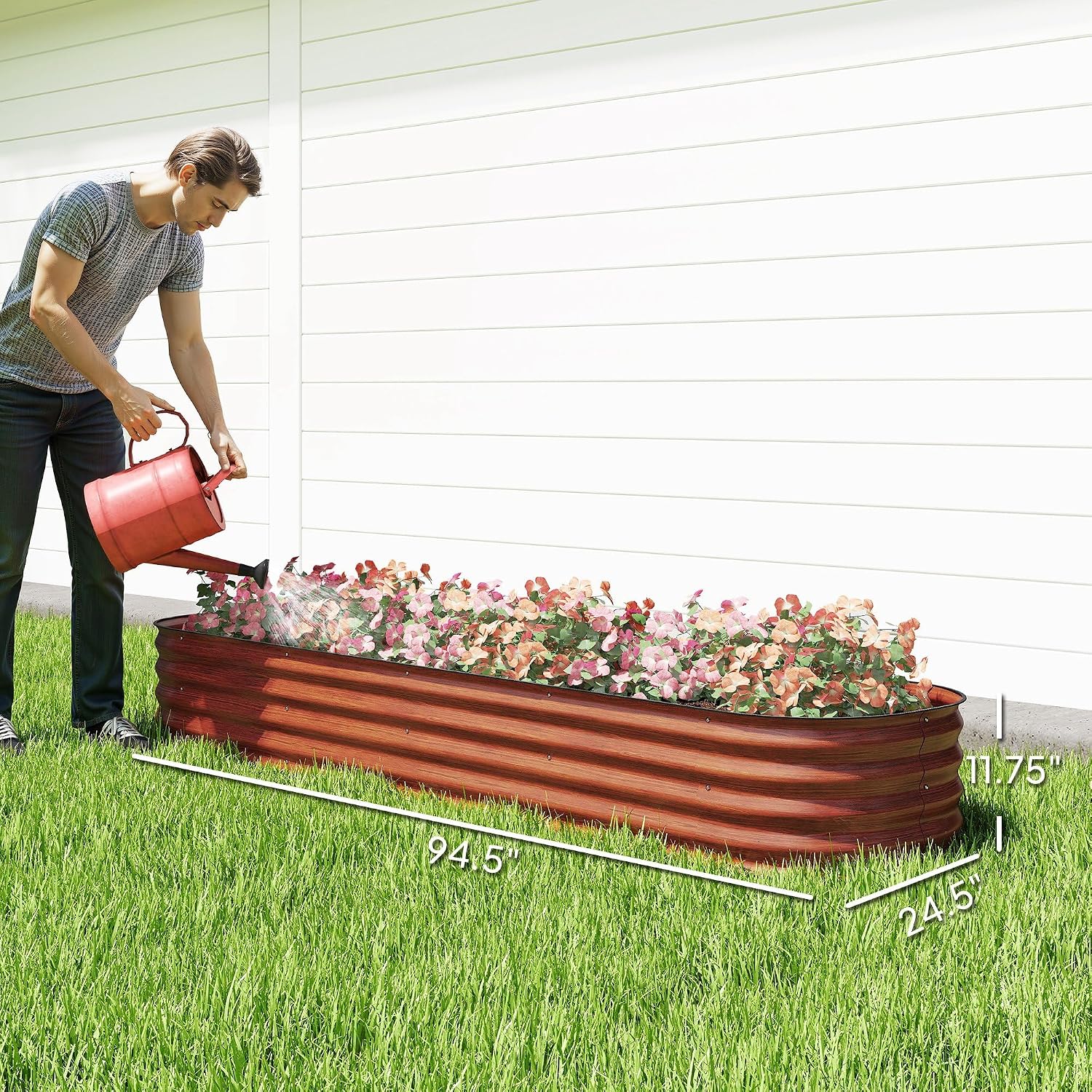 Outsunny 8' x 2' x 1' Galvanized Raised Garden Bed Kit, Outdoor Metal Elevated Planter Box with Safety Edging, Easy DIY Stock Tank for Growing Flowers, Herbs & Vegetables, Dark Brown
