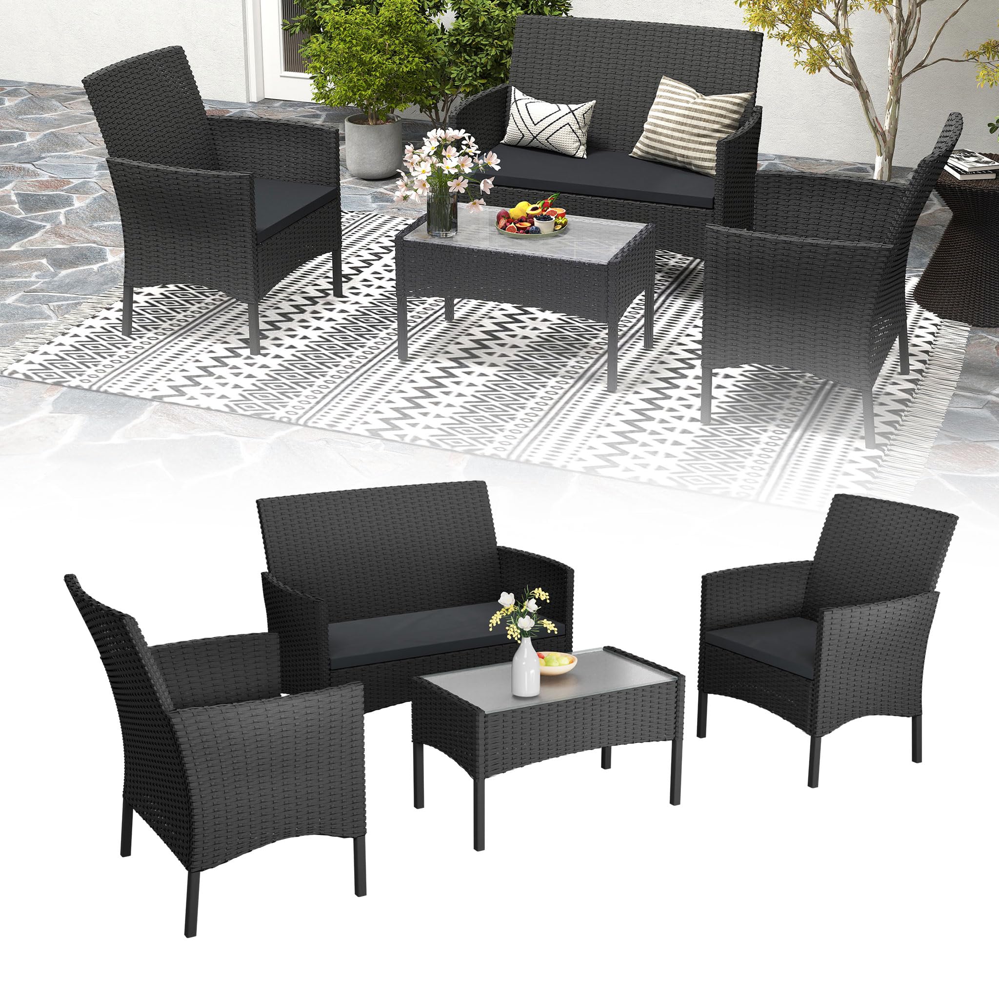 UISEBRT Mobili da giardino in polyrattan per 4 persone, con 1 divano doppio, 2 divani singoli, 1 tavolo con piano in vetro e cuscino, per esterni, resistenti alle intemperie, per terrazza, giardino