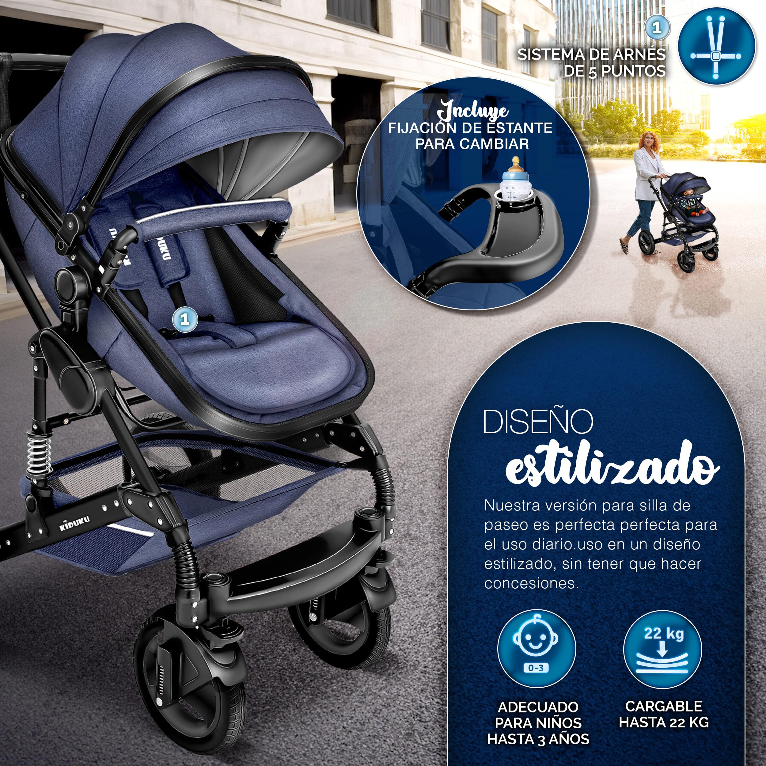 KIDUKU® Carrito de Bebé 3 en 1 | Silla de Paseo para Niños | Carricoche de 3 Piezas | Capazo, Cambiador, Cubrepiés | Sillita Coche Ligera Infantil ECE R129