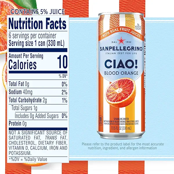 Sanpellegrino CIAO! Blood Orange Sparkling Water, LowCal, 0g Added Sugar, 6Pack 2
