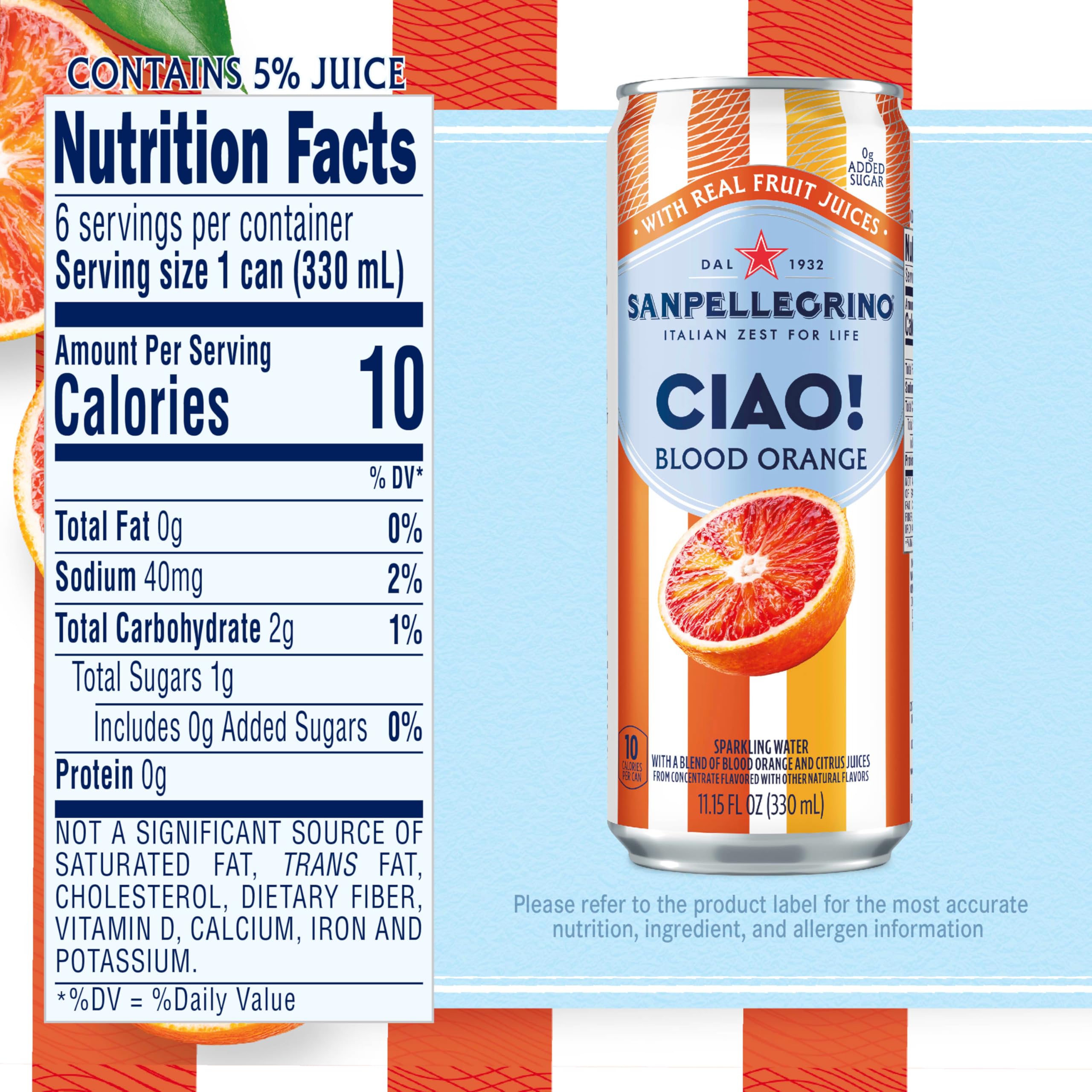 Sanpellegrino CIAO! Blood Orange Sparkling Water, LowCal, 0g Added Sugar, 6Pack