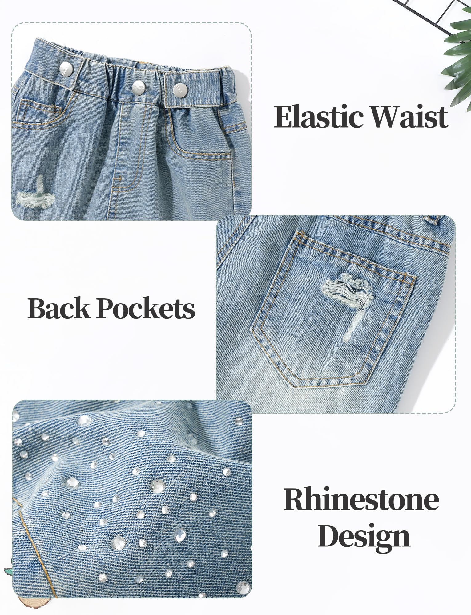 Jeans strappati da ragazza, vita alta elastica, gamba larga, pantaloni in denim invecchiato con tasche larghi casual streetwear 5-14 anni