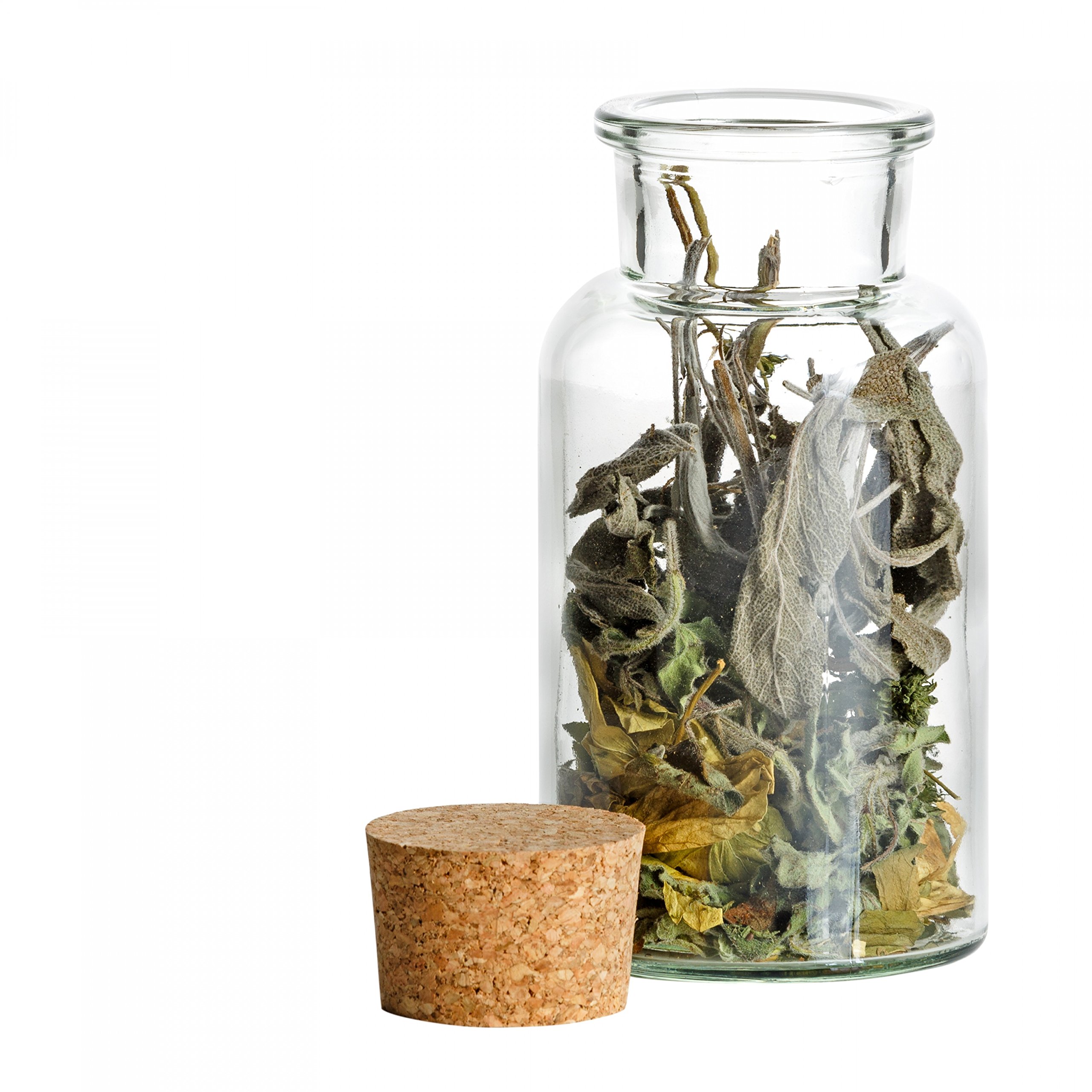 Mambocat Set van 6 kruidenpotjes - inhoud 300 ml - herbruikbare glazen potten met kurksluiting - hoogwaardig rond glas - voor het bewaren van thee, kruiden en specerijen