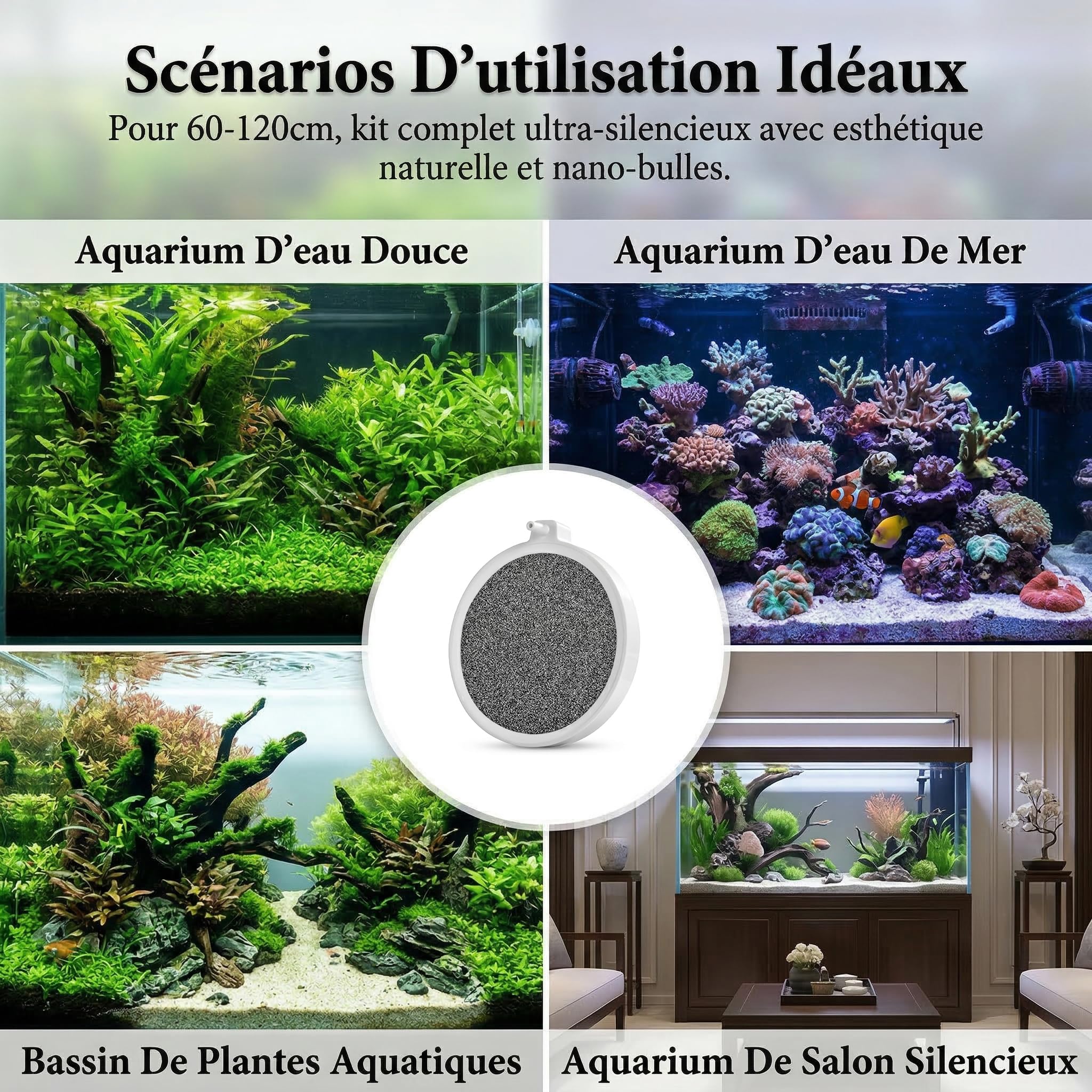 Diffuseur d’air Aquarium 6 pièces – Pierre à air Nano Bulles Fines Silencieux – Kit Complet avec Tuyau 2 m, clapet Anti-Retour et Valve réglable – Oxygénation Efficace Aquarium 60 à 120 cm
