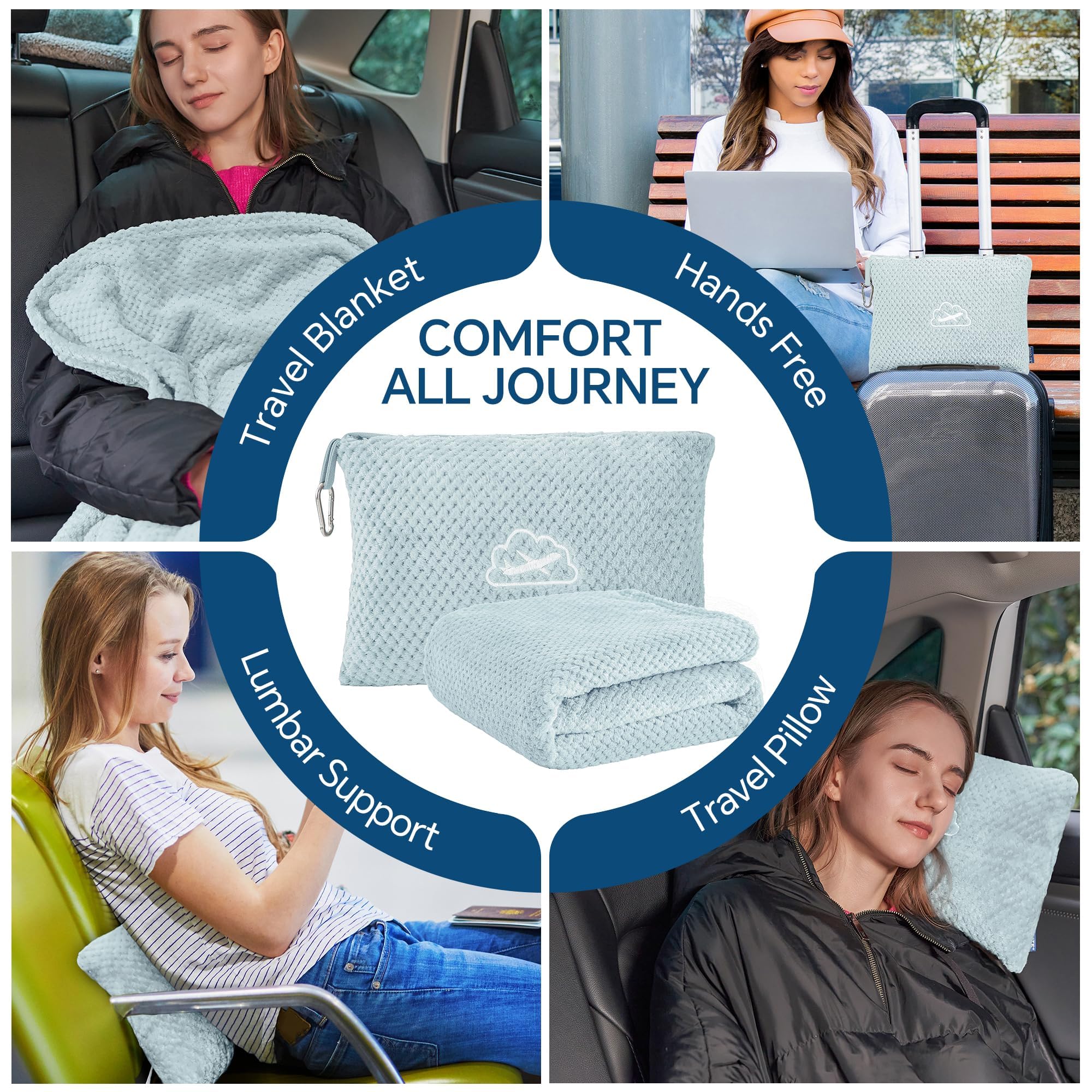 BEDELITE Travel Blanket with Bag — Blue Jacquard Fleece 65"x40"