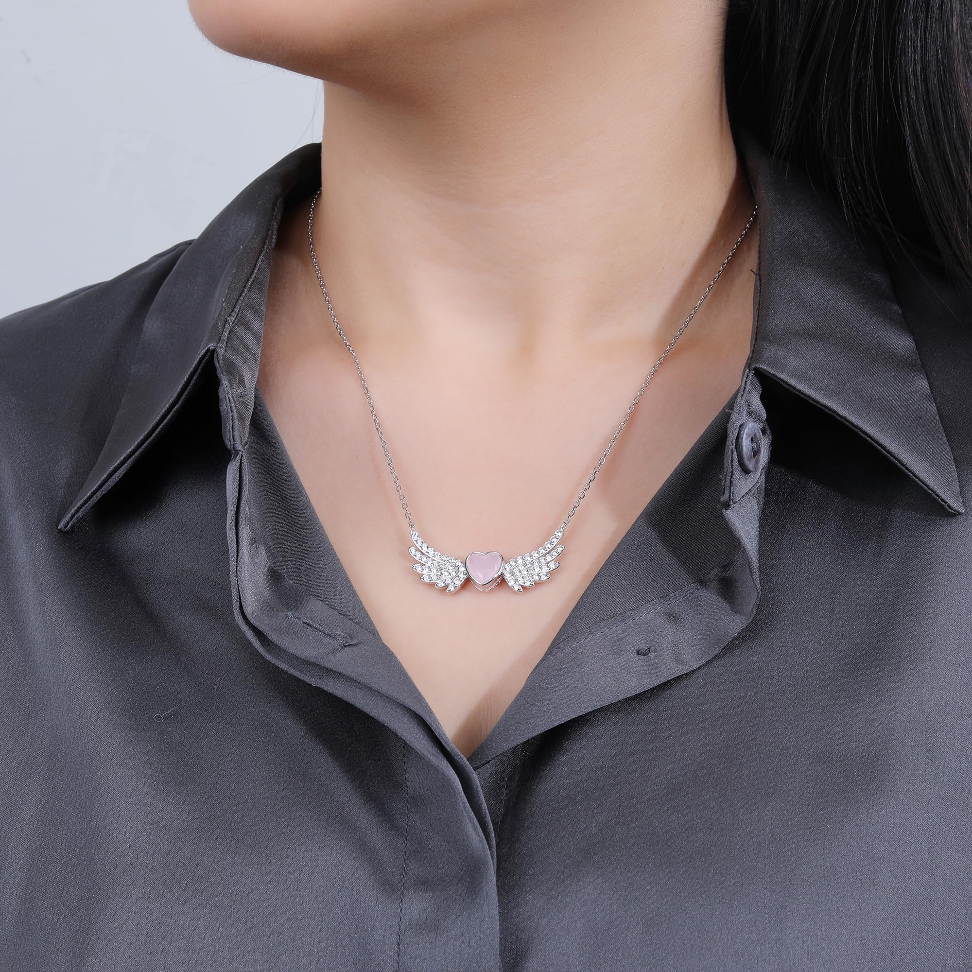 Angel Wings Necklace with Rose Quartz & Zirconia, 925 Sterling Silver Pendant for Women, Guardian Angel Jewelry Gift, Winged Design with Gemstone, Elegant Necklace for Girls & Ladies